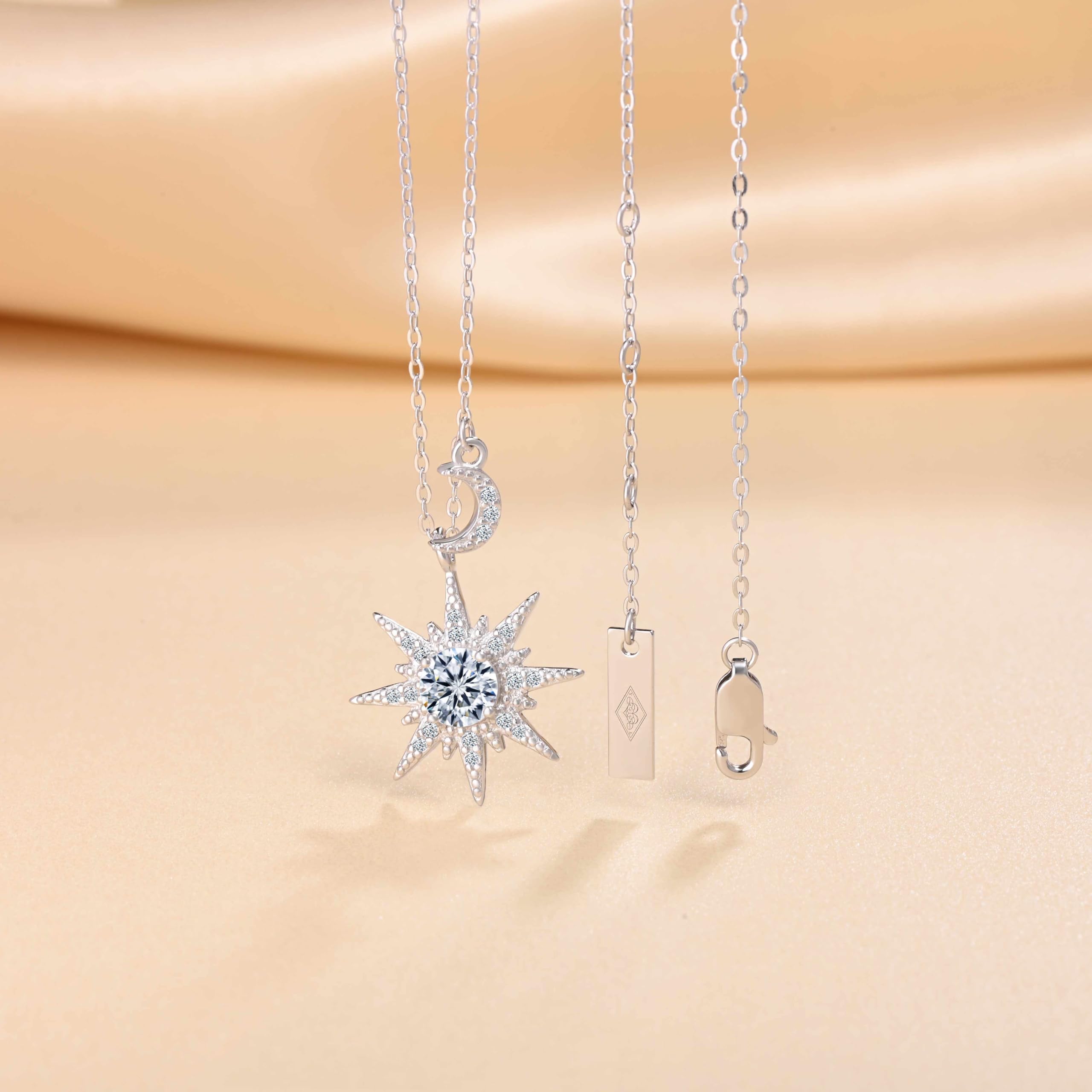 Yumilok Collar con colgante de moissanita en forma de sol y luna para mujer, plata de ley 925, delicado e hipoalergénico