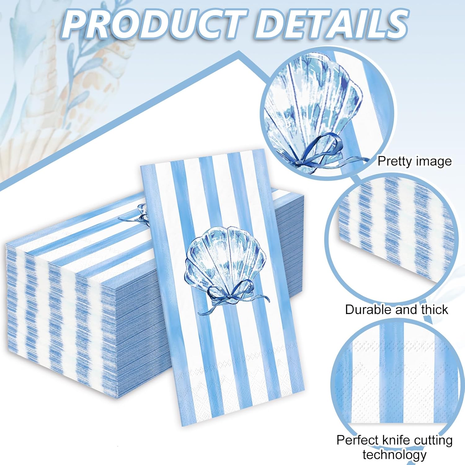 Whaline 50 Pcs Ocean Stripe Guest Napkins Paper Napkins Watercolor Blue Bow Stripe Seashell Disposable Dinner Hand Towels for Summer Ocean Beach Party Table Supplies