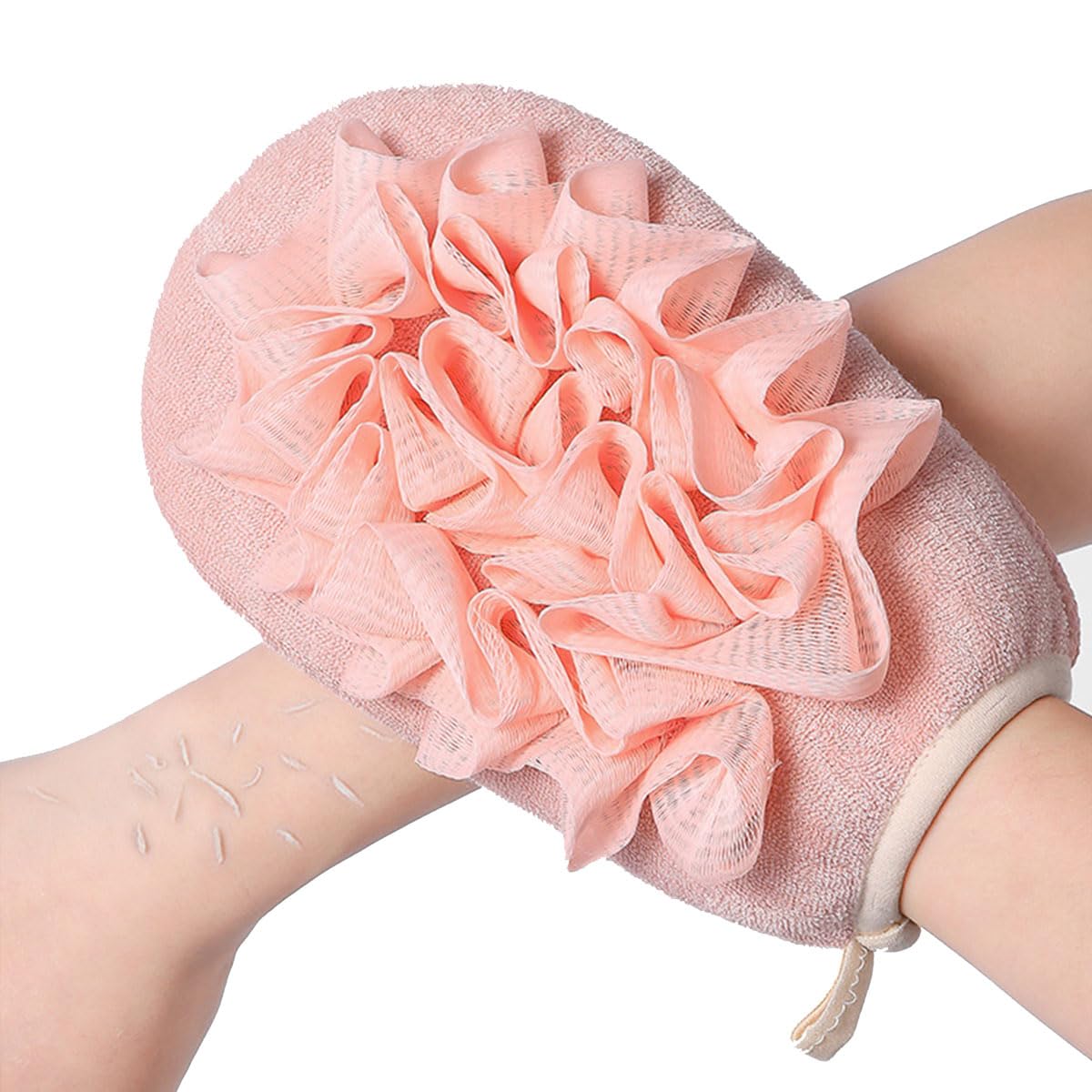 Guante de Doble Cara con Esponja de Baño, Guante Exfoliante Suave de Doble Cara, Guante Exfoliante Corporal, para Hombres y Mujeres, Doble Acción, para Limpieza de la Piel, Ducha, Spa (Rosa)