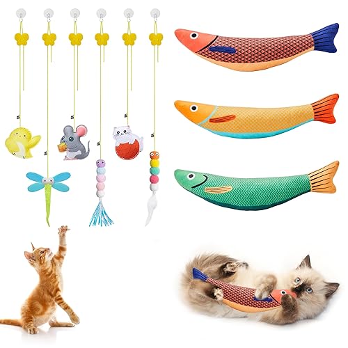 Potaroma 3 Pack Saury Fish and 6 Pcs Hanging Cat Toys