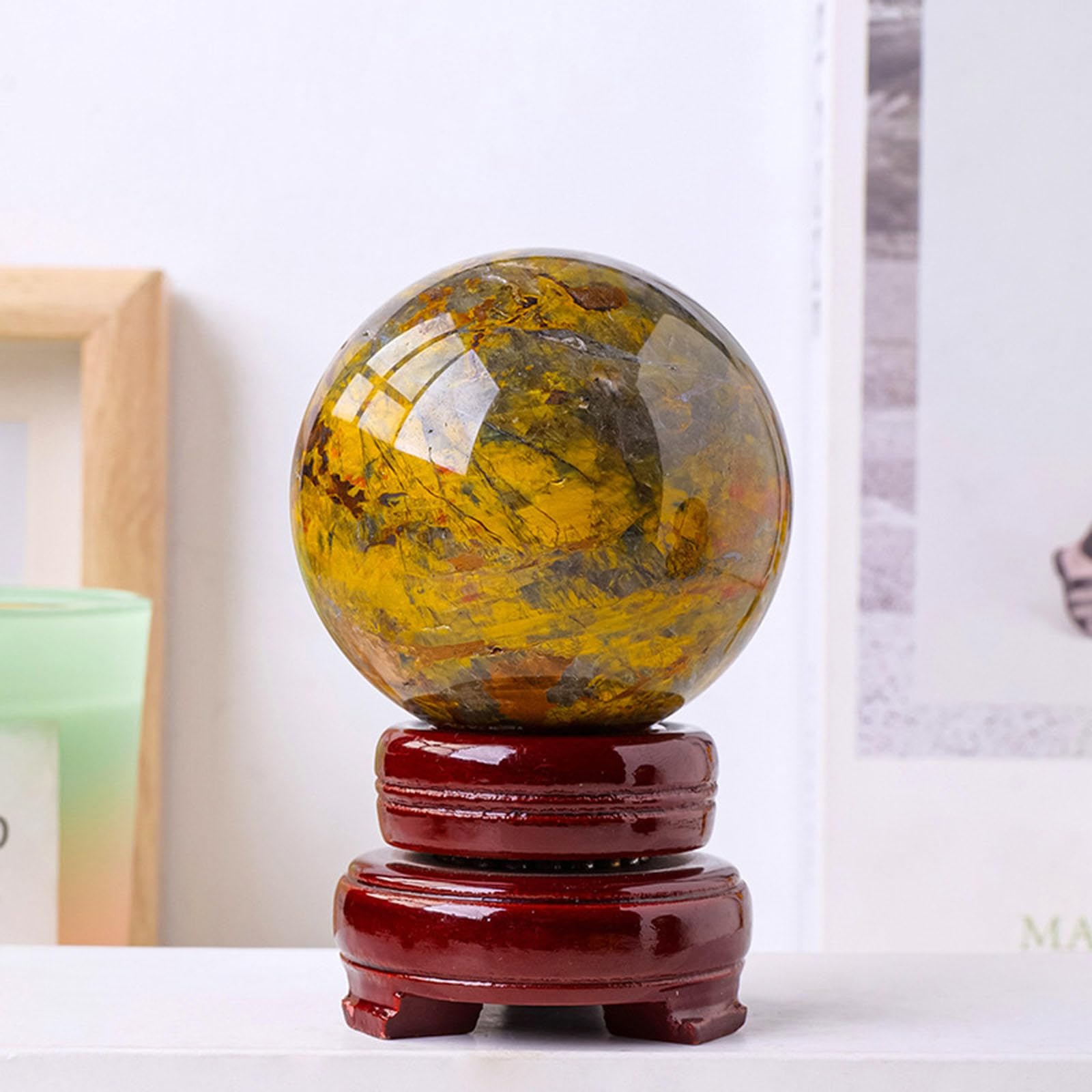 BJXKHFPIV Yellow Pietersite Crystal Ball Display Sphere Quartz Gemstone Crystal Sphere Decoration Ornaments for Feng Shui,Room Decor,60-65mm