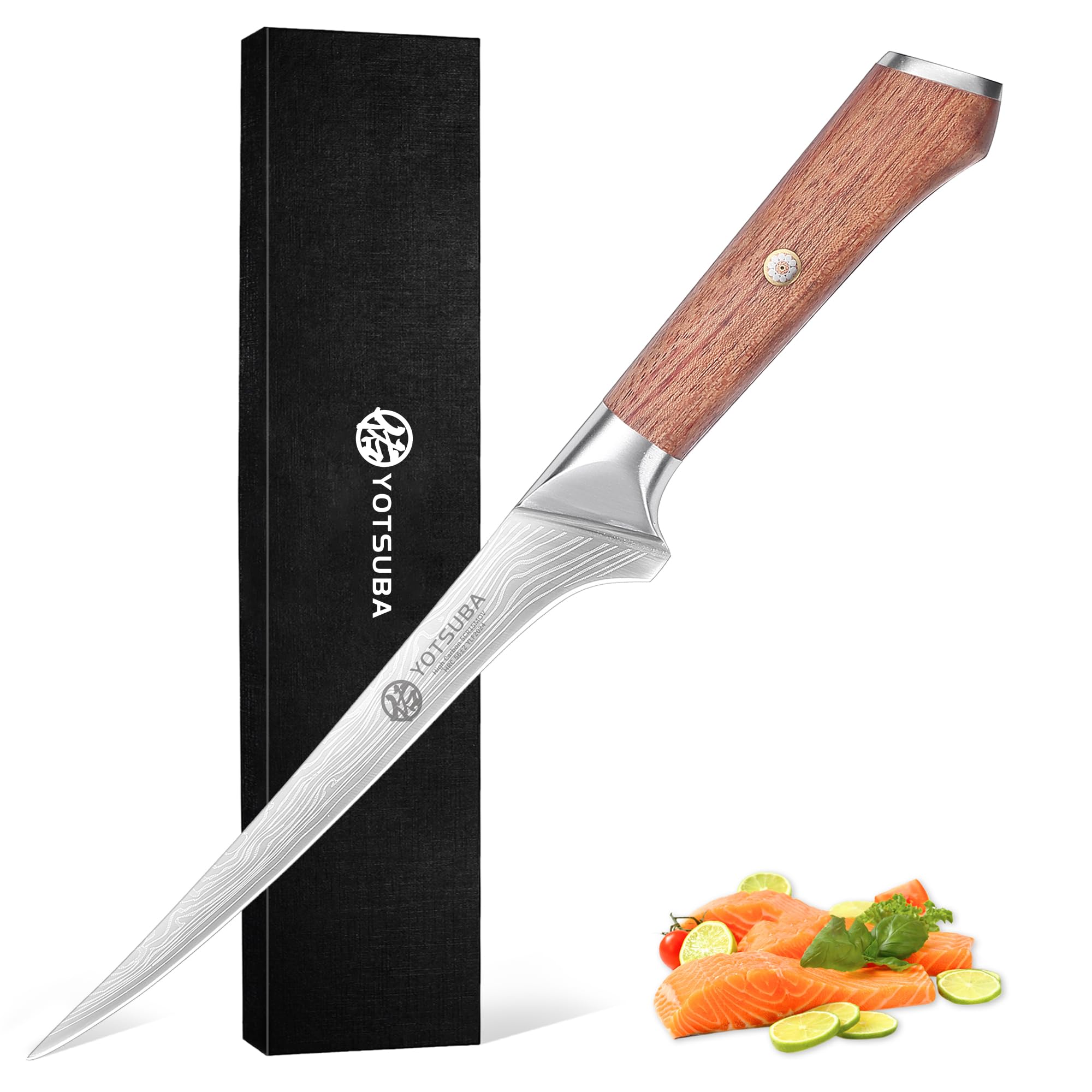 YOTSUBA Fillet Knife, 7 Inch Fish Knives for Filleting, Razor Sharp High Carbon Steel Boning Knife with Ergonomic Rosewood Handle, Ideal Gift for