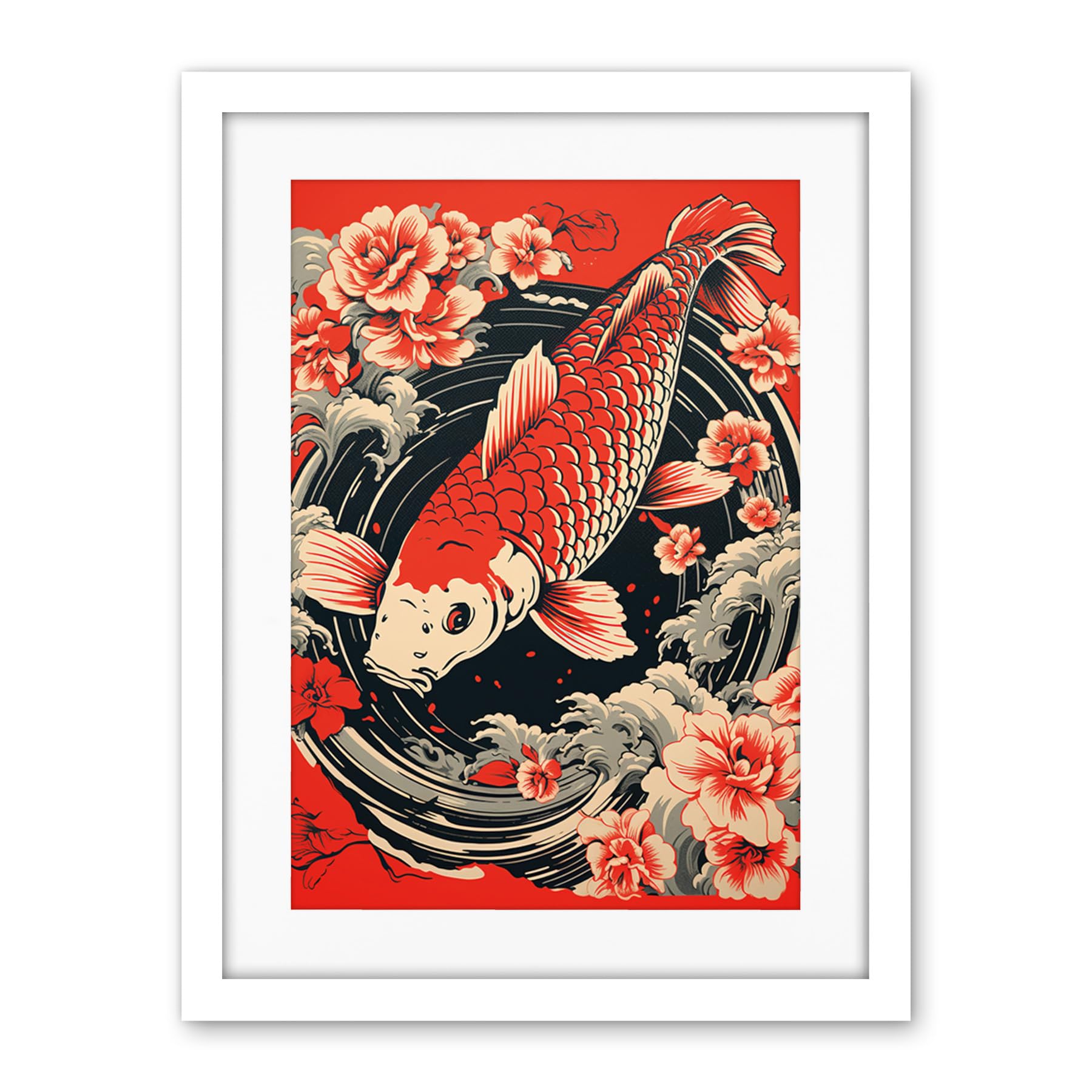 Artery8 Koi Fish Carp Japanese Whirlpool Red Black Floral Illustration Artwork Coy Artwork Framed Wall Art Print 18X24 Inch
