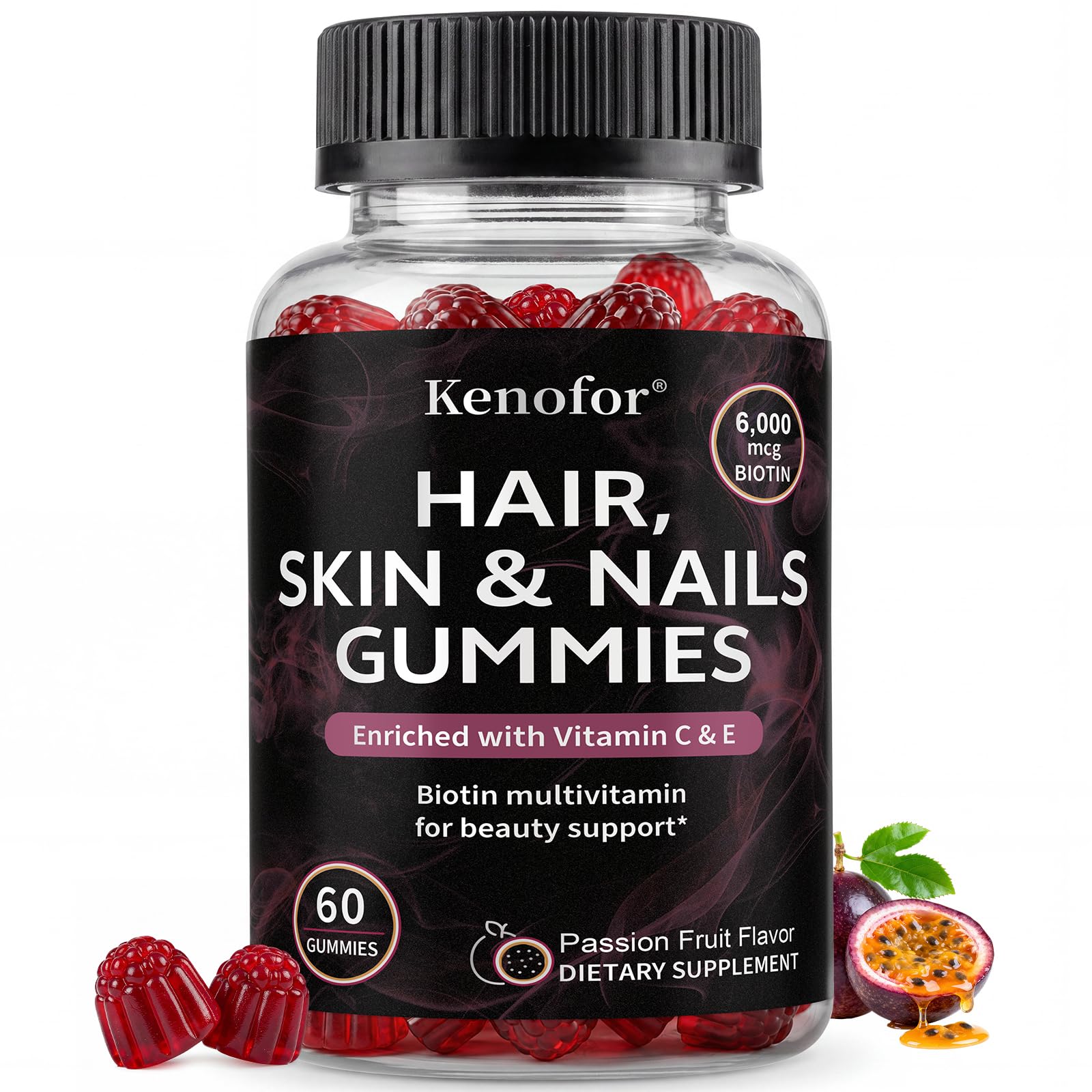 Hair Skin and Nails Gummies with Biotin (6000 mcg), Zinc, Vitamin A, and Vitamin E, Biotin Supplement, Supports Healthy Hair, Skin and Nails for Women & Men (Passion Fruit, 60 Count)