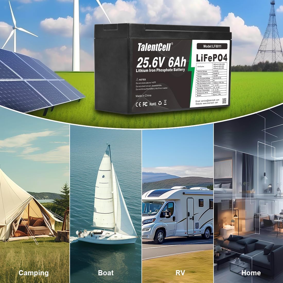 Talentcell 24V 6Ah LiFePO4 Battery Pack LF8011, 25.6V 153.6Wh Deep Cycle Rechargeable Lithium Iron Phosphate Batteries with Charger and Female Spade Terminal Wire, for Trolling Motor, RV, Camping - Image 5