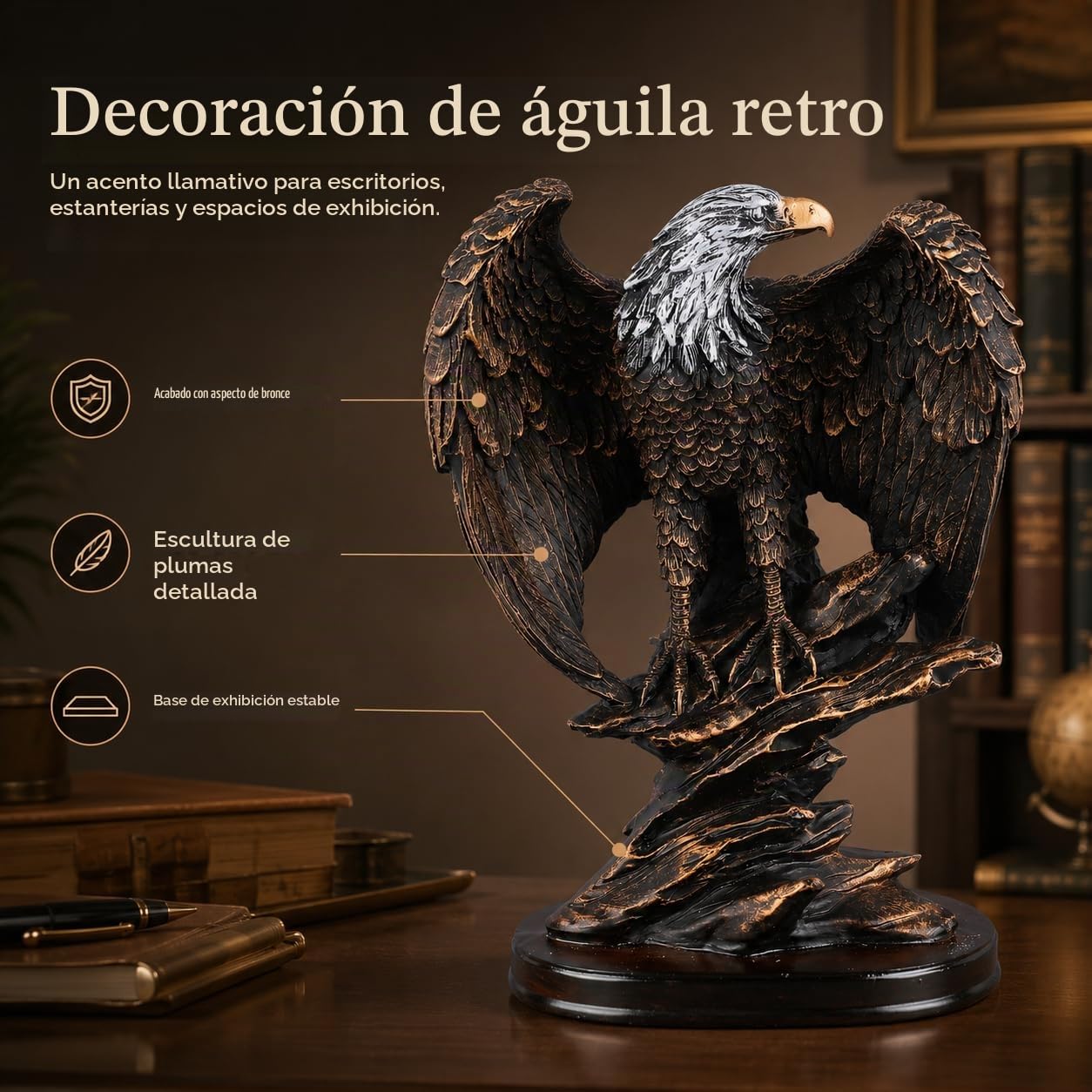 Escultura de águila de resina, estatua de águila dorada, estatua de águila de resina, estilo retro, detalles ricos, color bronce, base estable, patriótica