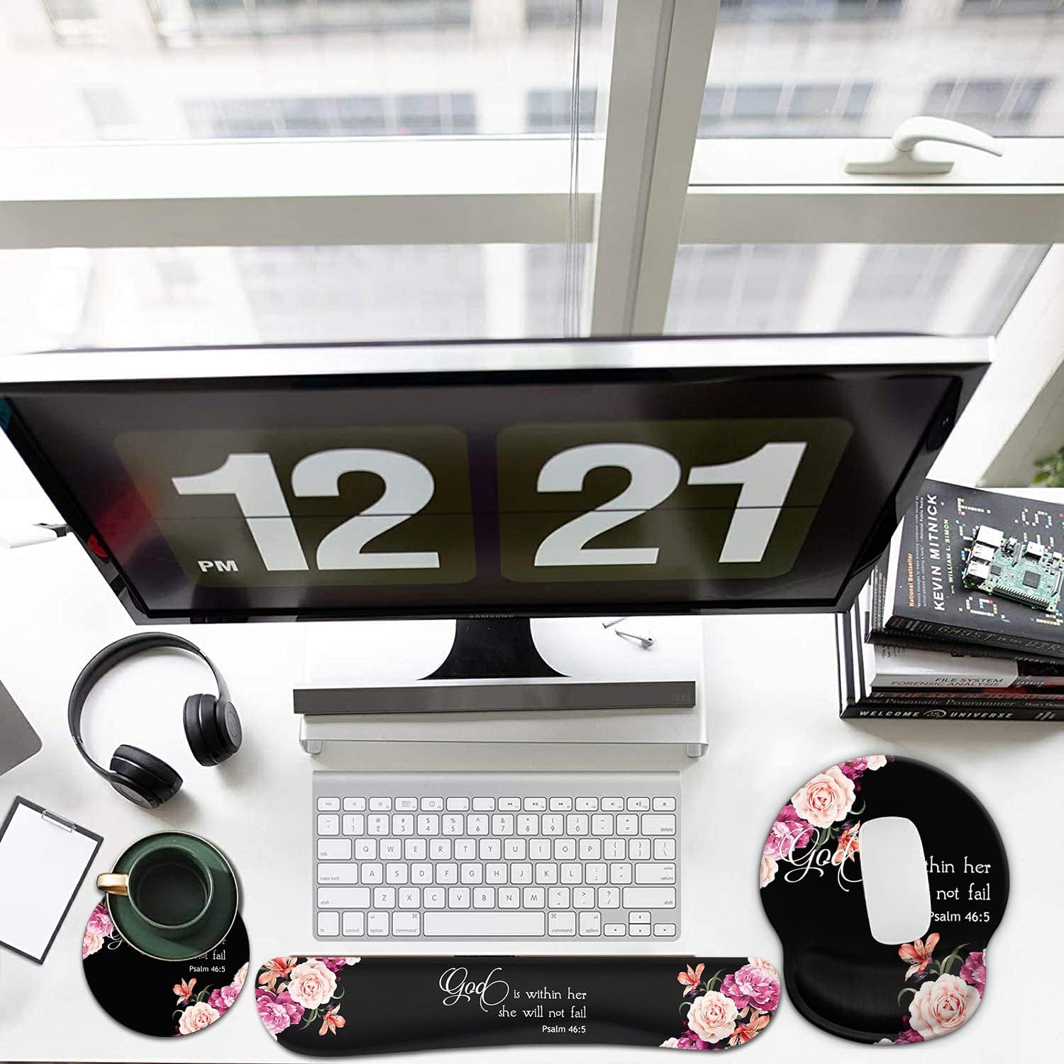 Keyboard Wrist Rest Pad and Ergonomic Mouse Pad Wrist Support Set for Computer, Gaming, Office, Pain Relief + Coasters，Peony Flower Psalm 46:5 God is Within Her, She Will Not Fall
