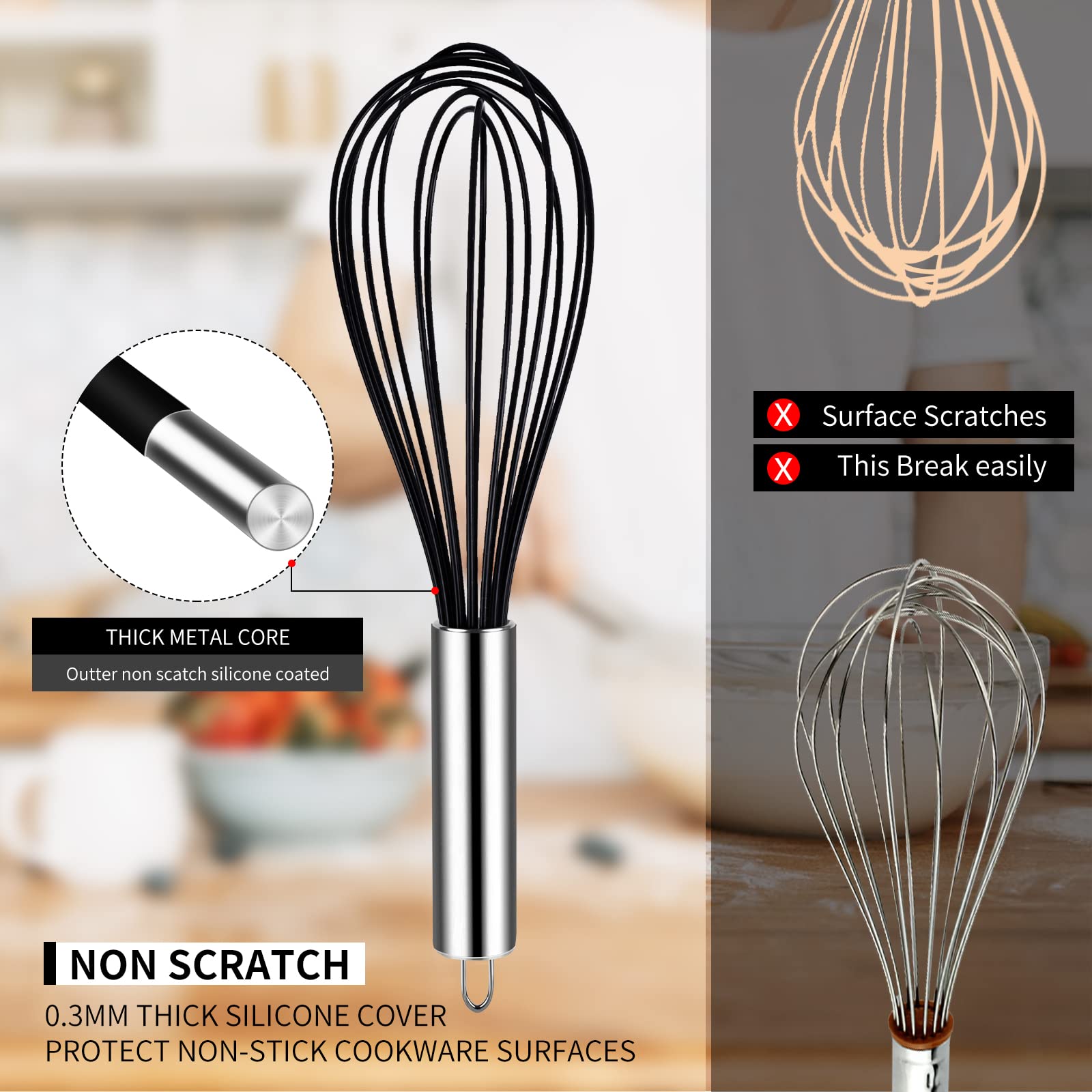 TEEVEA Silicone Whisk,Non Stick Kitchen Whisks for Cooking,Stainless Steel Metal Wire Silicone Rubber Coated Wisk,Heat Resistant & Non Scratch,Perfect for Eggs,Bread Wisking Tool Set of 3,Black - Image 4