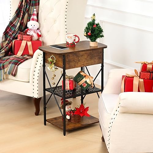 Miniatura 2 de Livofloral Mesa auxiliar estrecha con estación de carga, mesa auxiliar con 3 puertos USB y 2 salidas de CA, mesa auxiliar abatible con