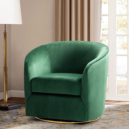 HULALA HOME Swivel Accent Chair with Gold Metal Base, Contemporary Velvet Curved Swivel Barrel Chair, Upholstered Club Armchair, Leisure Single Sofa for Living Room, Nursery, Bedroom(Green)