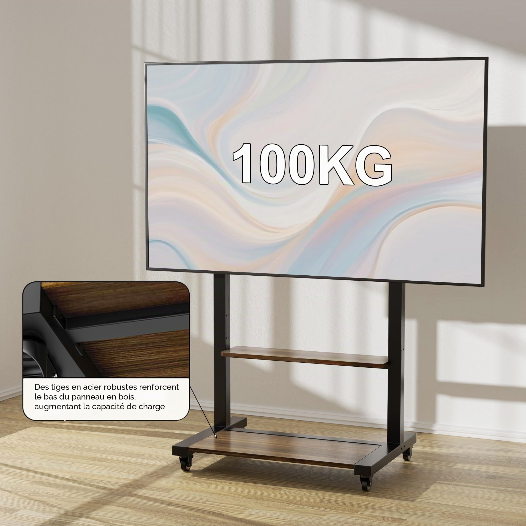 Support TV sur Pied avec roulettes: Meuble de Télévision de 40 à 100 Pouces pour Télé Écran LED OLED LCF Jusqu'à 50kg Support Télévisateur Hauteur Réglable160-195cm Max VESA 800x600mm
