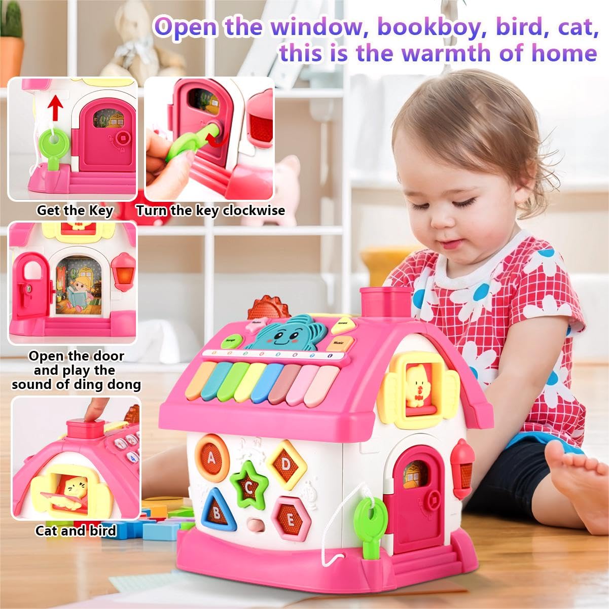 Toys for 1+ Year Old Girls - Montessori 8-in-1 Musical Activity House Toys with Lights, Sounds & Bilingual EN/ES Learning, First Birthday & Xmas Gifts for 1 2 3 Year Old Girl
