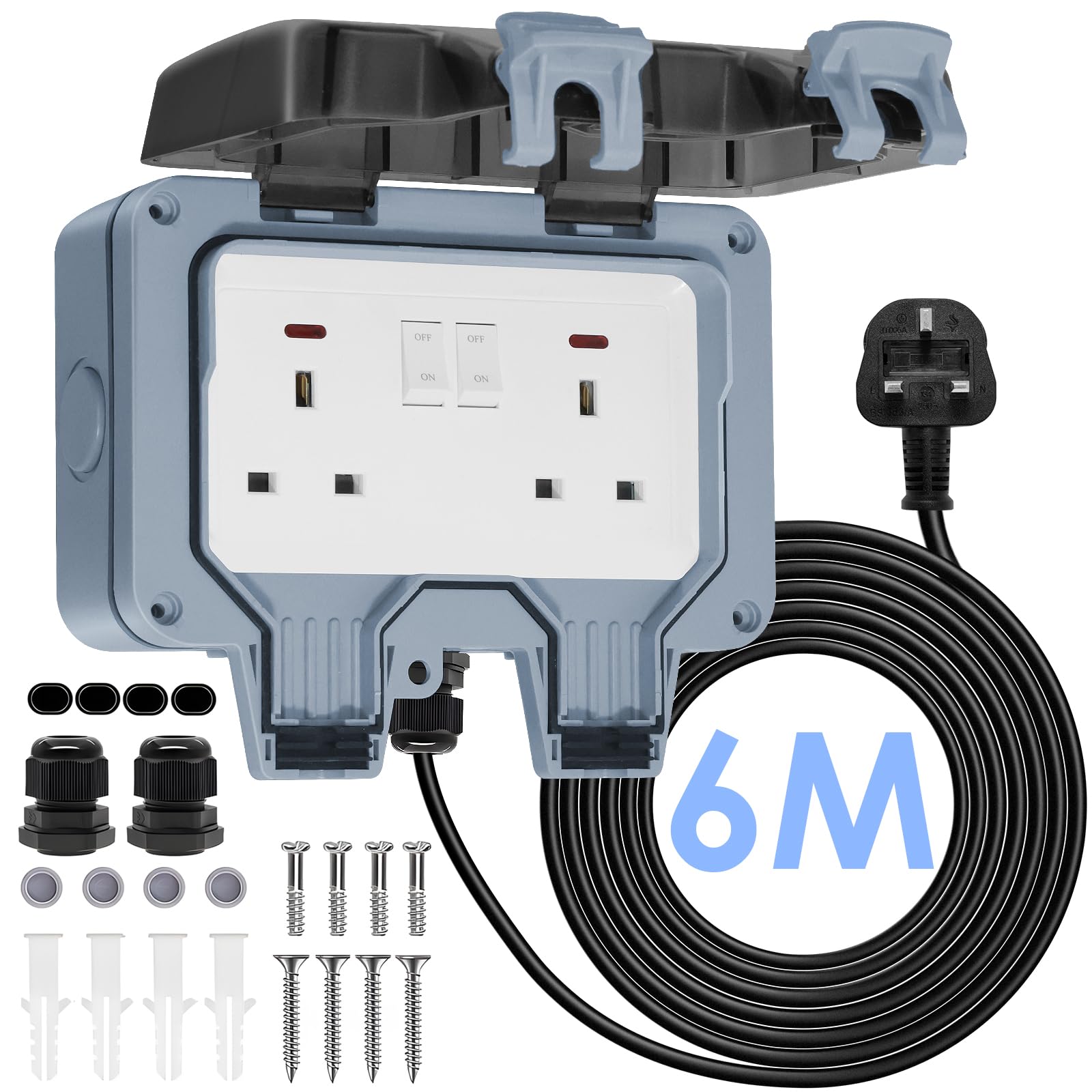 BSEED 6M Cable Outdoor Double Socket IP66 Waterproof 13Amp, Weatherproof Outdoor Double Switched Power Wall Socket with LED Indicator, for Garden, Patio, Yard, RV, Camping, Grey