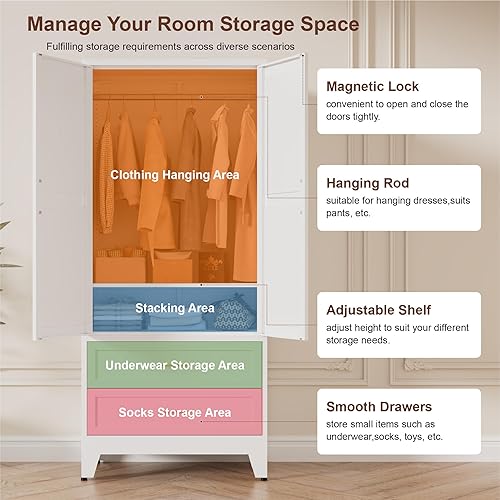 Miniatura 4 de Armario de metal de 71 pulgadas de alto con 2 cajones y barra para colgar, armario de 2 puertas con estante para dormitorio, oficina, lavandería