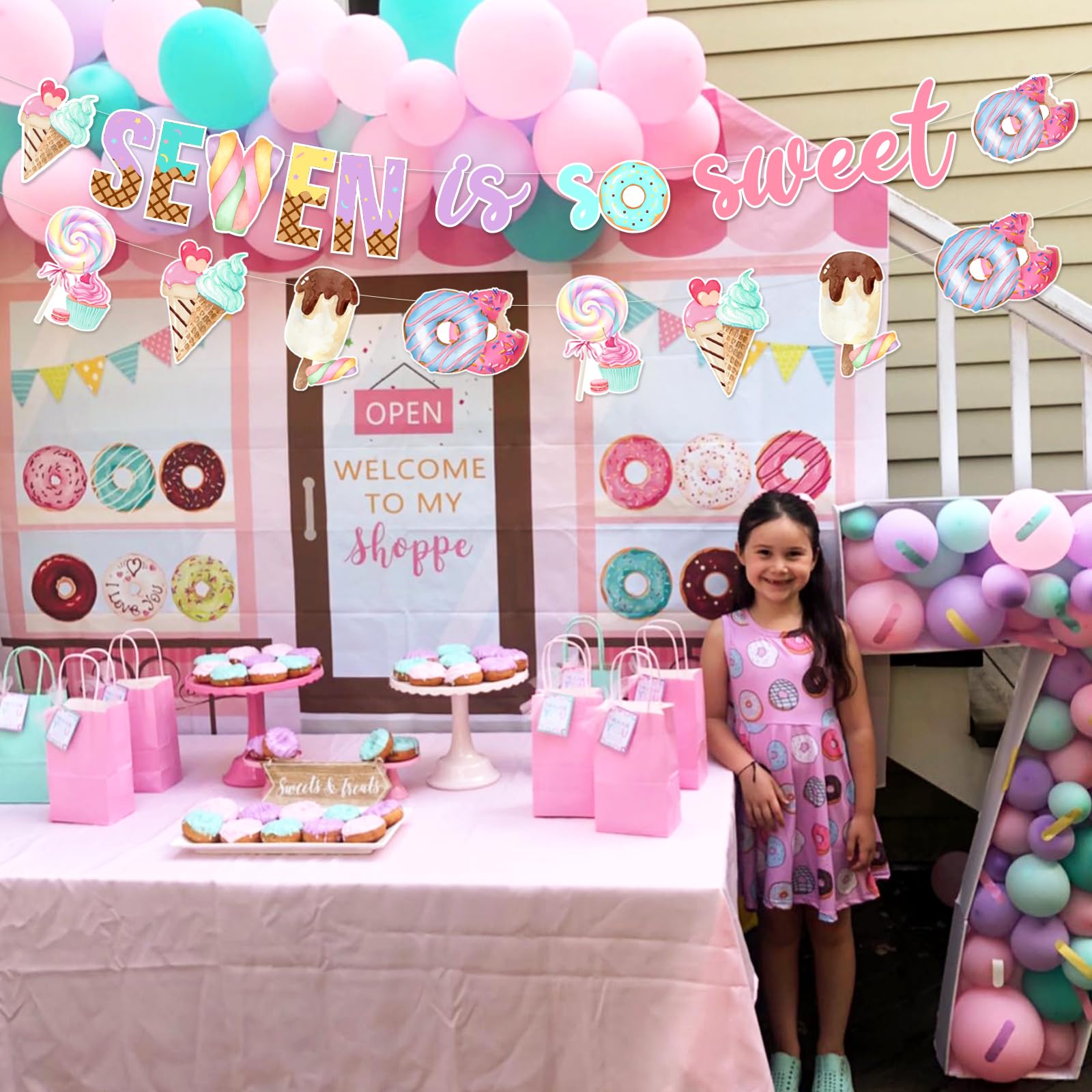 Decorazioni Festa Compleanno Tema Dessert Per 7 Anni | Striscione 'Sette è Così Dolce' Con Ciambelle E Bandierine Gelato | Rosa
