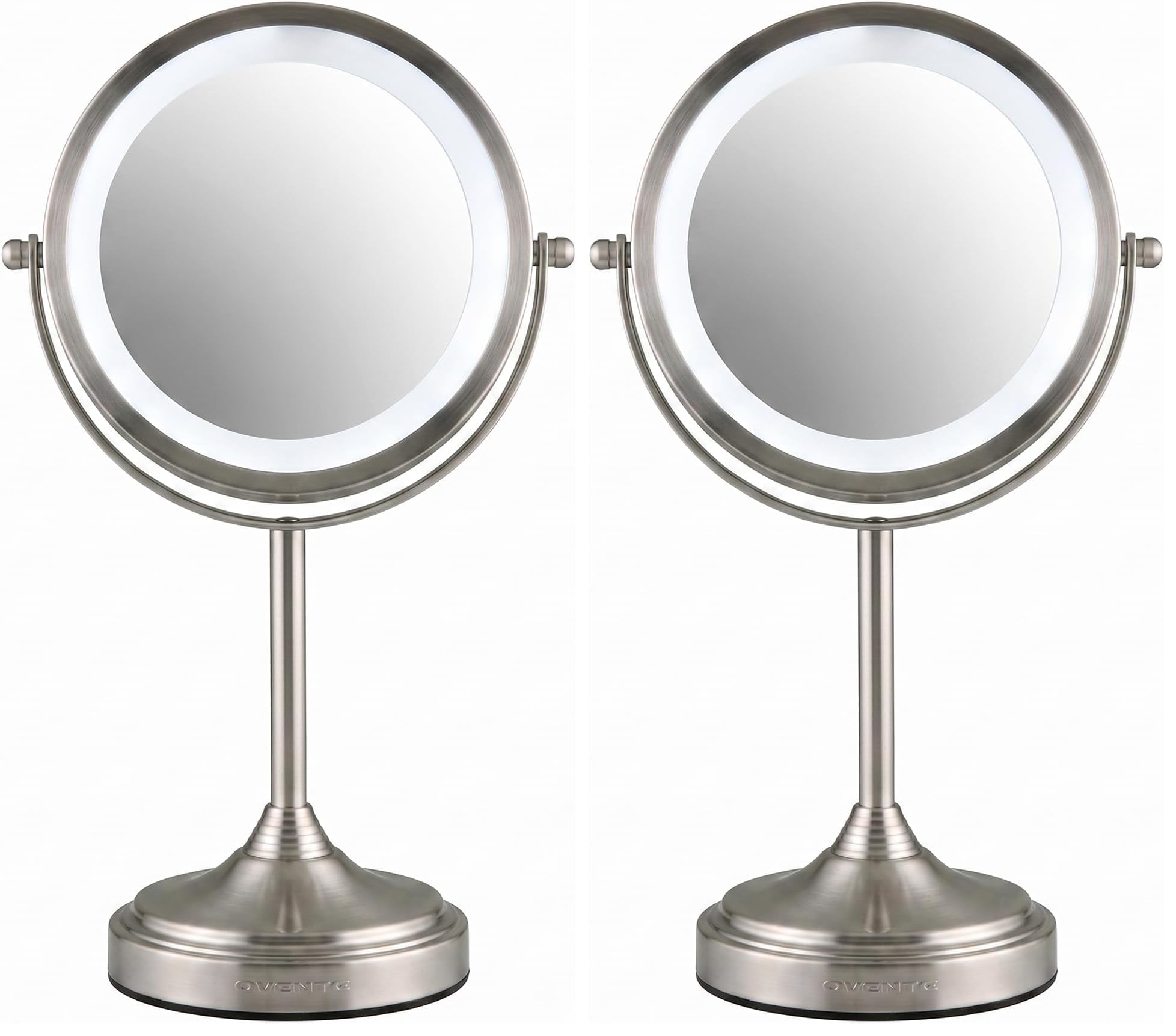 OVENTE 7'' Lighted Tabletop Makeup Mirror, 1X &amp; 7X Magnifier, Spinning Double Sided Round LED, Great for Vanity, Bath, &amp; Bedroom, Battery Powered, Nickel Brushed MCT70BR1X7X (Pack of 2)