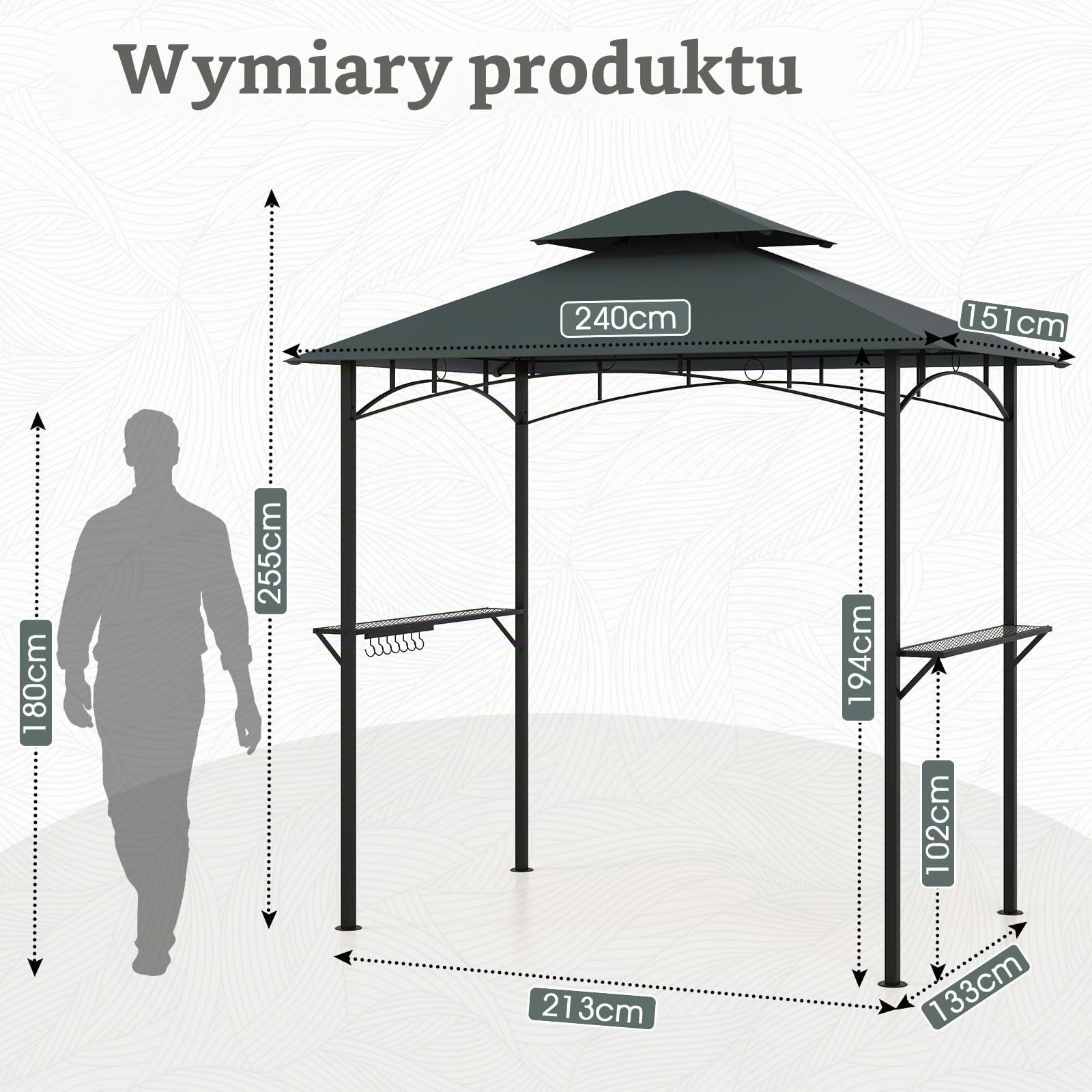 COSTWAY Pawilon grillowy z podwójnym dachem, półki boczne, 7 haczyków, zadaszenie grilla, odporny na warunki atmosferyczne, stojak na grilla, do ogrodu, na zewnątrz, pawilon, altana, metalowy stelaż