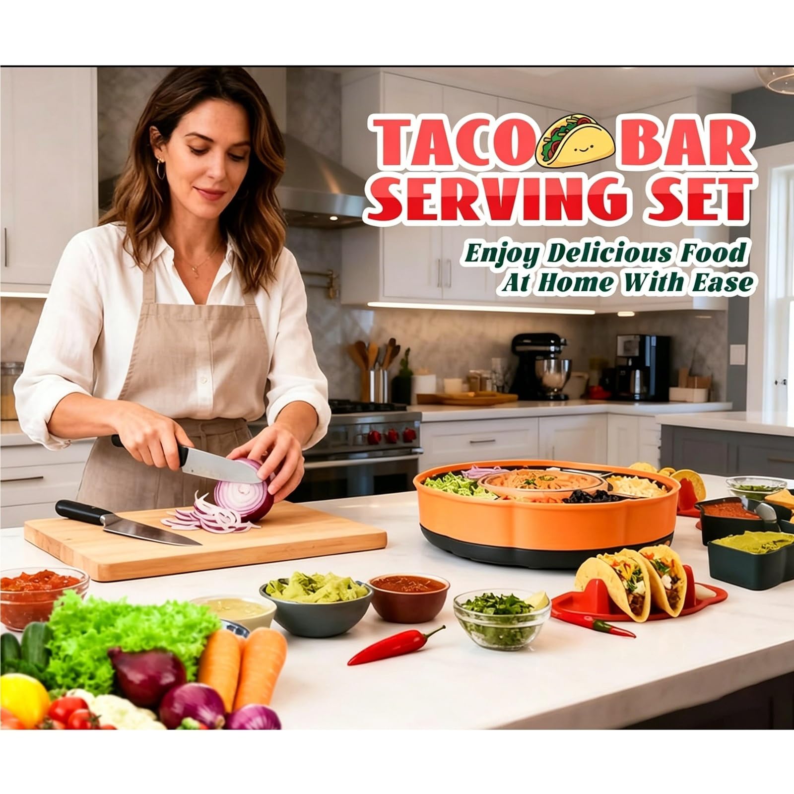 Mothdust Server Buffet Taco Vassoio Girevole Riscaldato con Ciotole Condimento Rimovibili Mantiene Carne Calda e Organizza Ingredienti per Cena Famiglia Fiesta