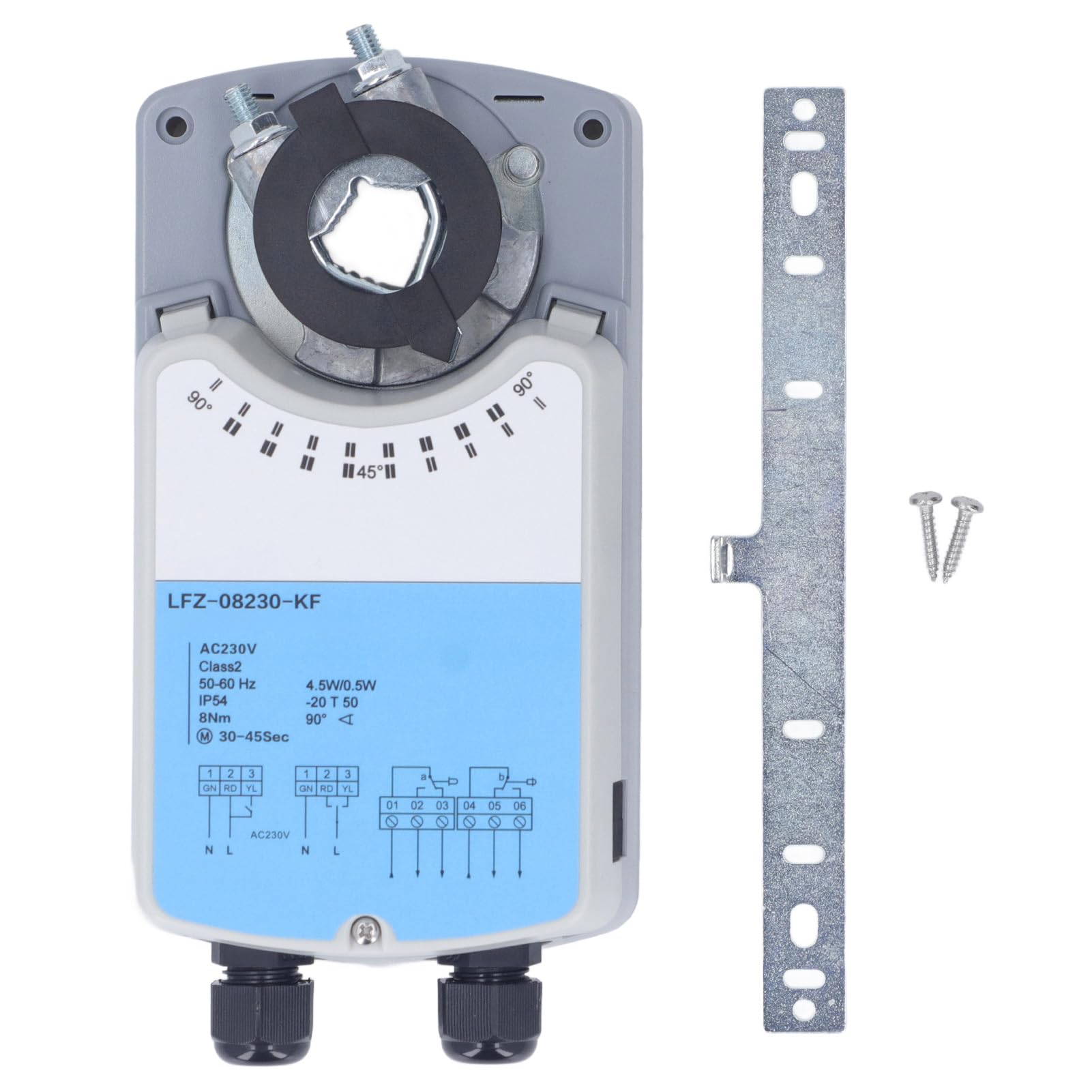 Attuatore elettrico per serranda da 230 V CA, coppia 8 Nm, con controllo on/off e interruttori ausiliari, per sistemi HVAC, ventilazione, unità di trattamento dell'aria e