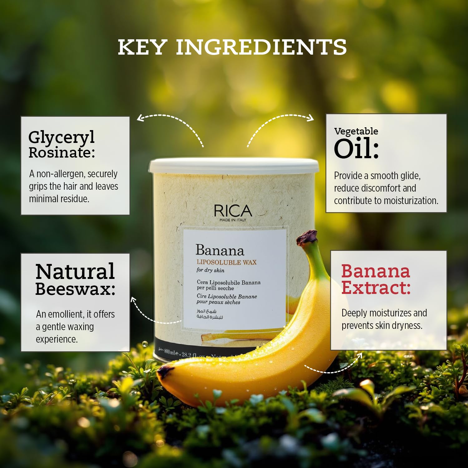 Rica Banana Liposoluble Painless Hair Removal Wax For Men & Women| Quick & Easy Tan Removal Waxing for Dry Skin| 800 ml, Pack of 1 1