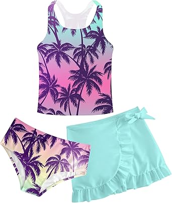 Girls Swimsuits 3 Piece Tankini Bathing Suit Set Cute Bikini Swimwear with Cover Ups Beach Skirt 5-16 Years