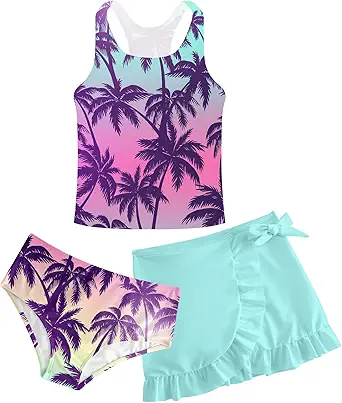 Girls Swimsuits 3 Piece Tankini Bathing Suit Set Cute Bikini Swimwear with Cover Ups Beach Skirt 5-16 Years