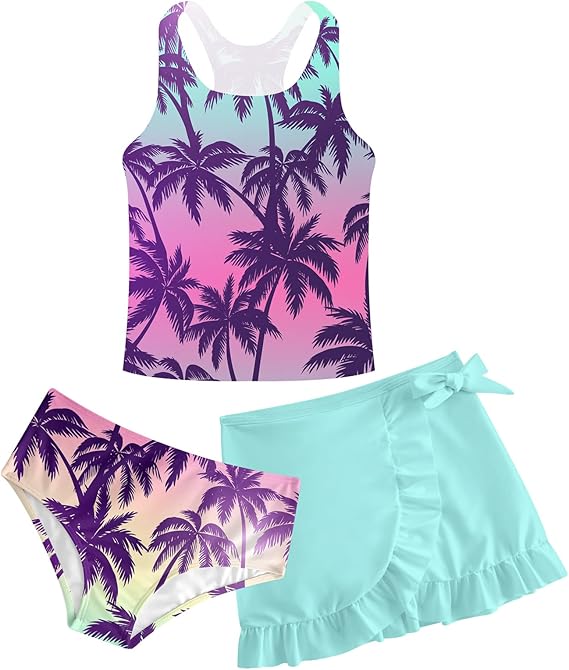 Girls Swimsuits 3 Piece Tankini Bathing Suit Set Cute Bikini Swimwear with Cover Ups Beach Skirt 5-16 Years