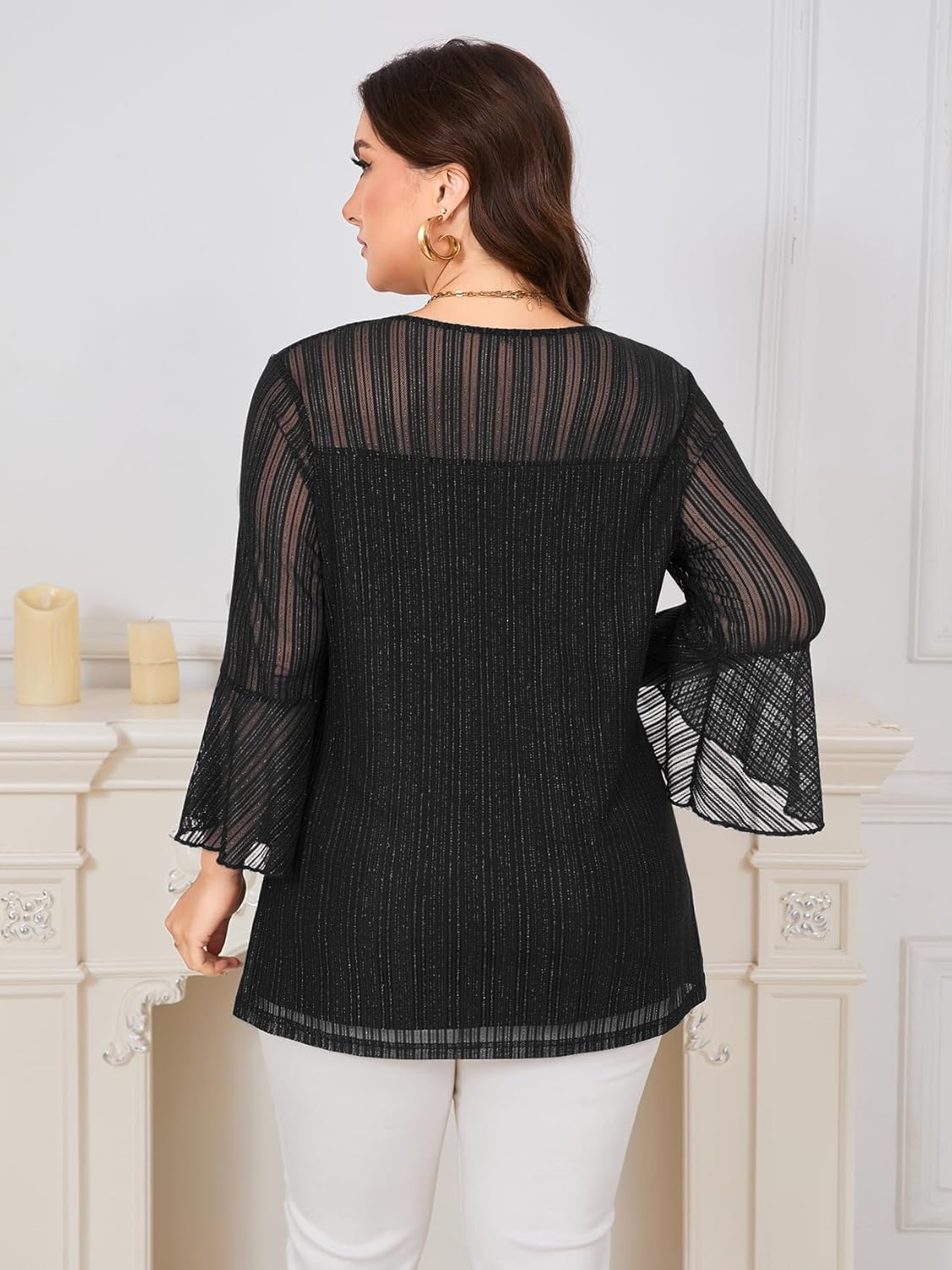 ZOMVA Women's Plus Size Ruffle 3/4 Sleeve Blouses Casual Elegant Dressy Crew Neck Double Layers Sparkly Mesh Tunic Tops - Image 5