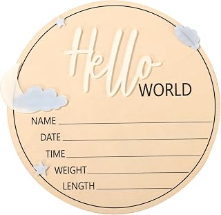 Hello World Newborn Sign, 6.5in Wooden Moon Clouds Baby Announcement Sign Newborn Welcome Signs Baby Name Plaque for Hospital Nursery Babies Shower