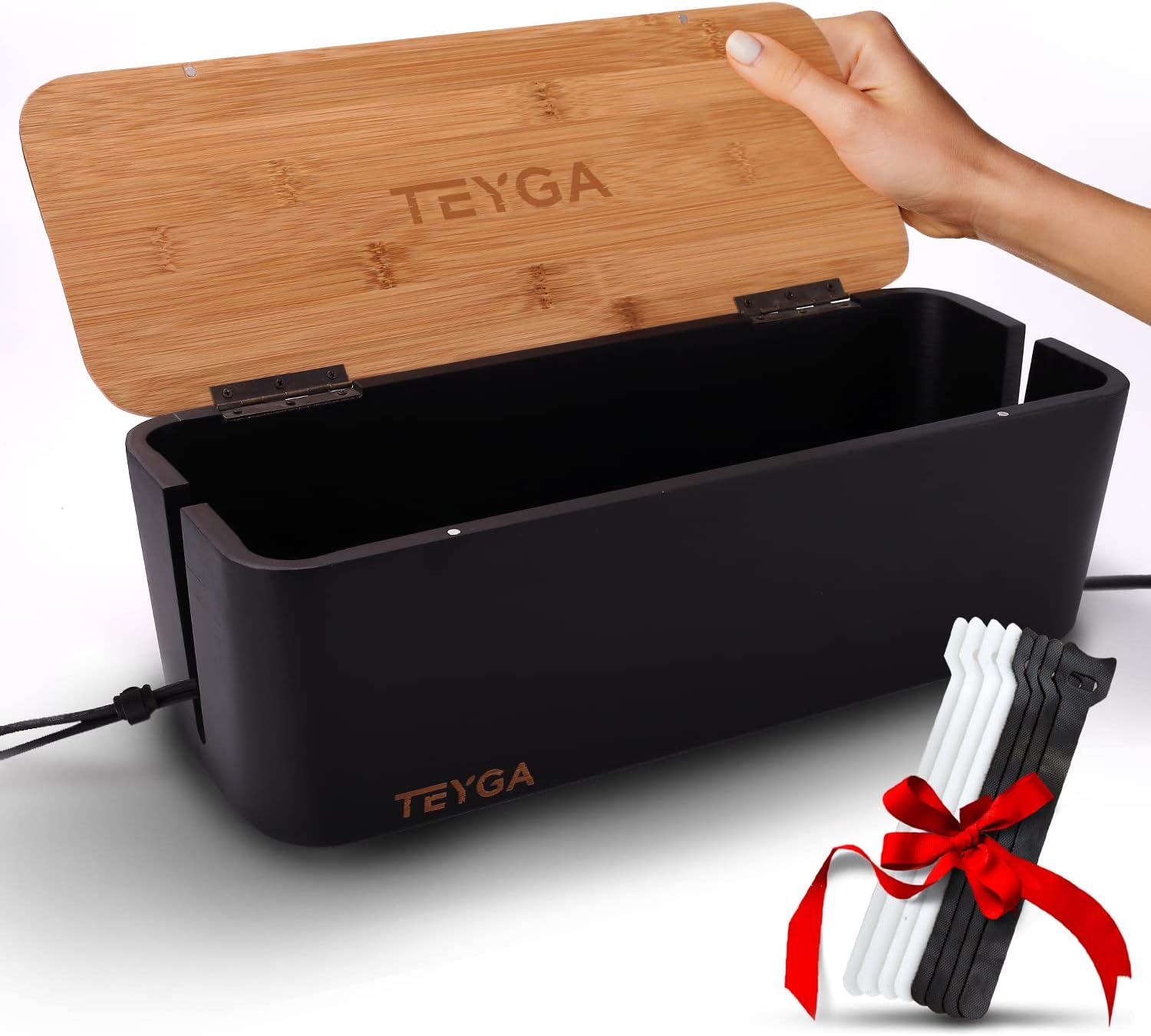 Creative Product TEYGA Bamboo Cable Management Box - Stylish Cord Organizer Box, Cord Hider Box and Power Strip Box - Keeps Cords Untangled - Surge Protector Cover Keeps Children Safe - TV Cord Box for Home and Office