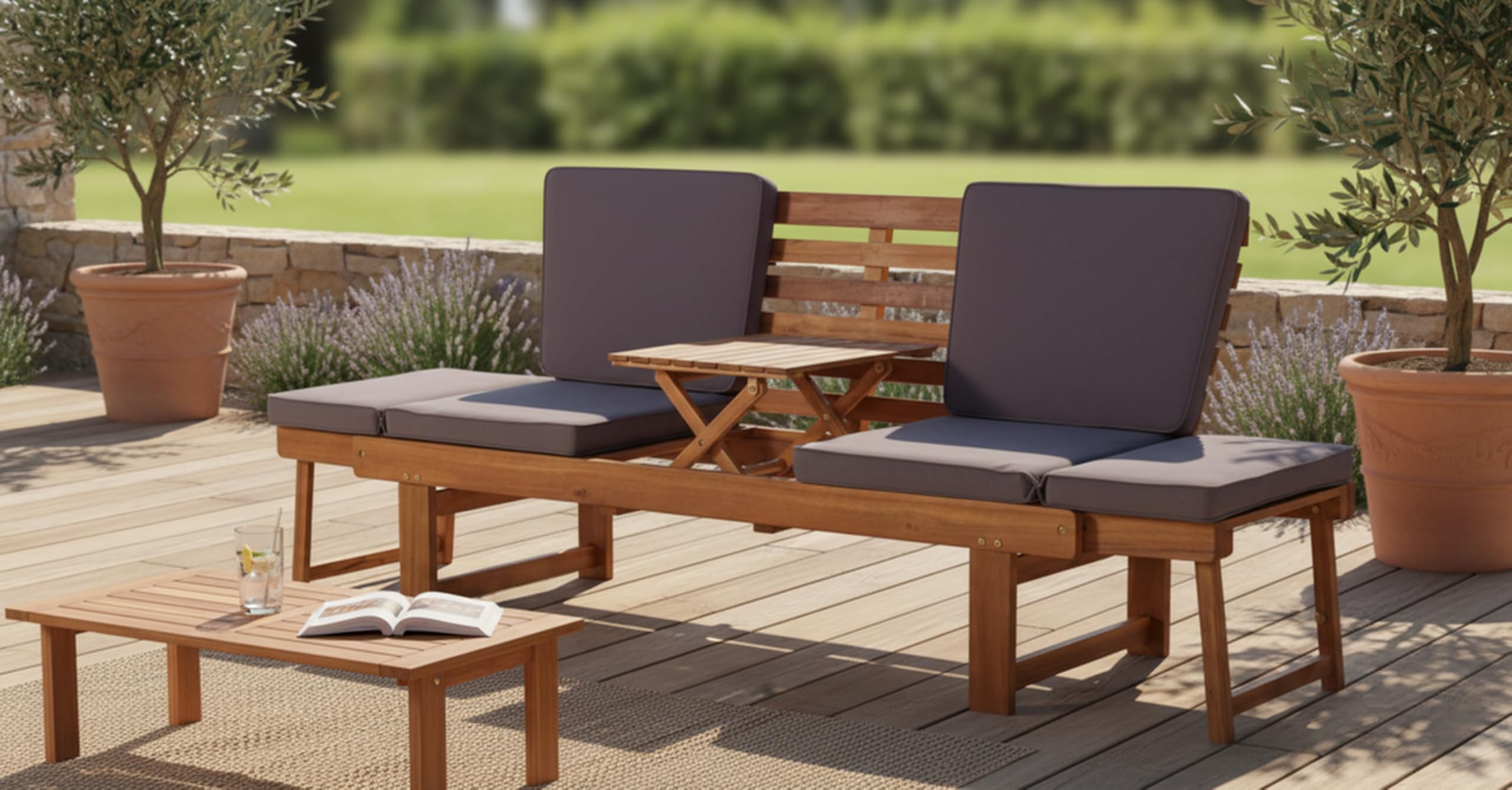 Gartenbank mit Tisch - 2 Sitzer Natur Holzbank aus Akazie Wetterfest Monte | Elegante Outdoor Sitzbank und Balkonmöbel Set, robuste Gartenbank Holz für Balkon & Terrasse, inklusive Kissenauflagen