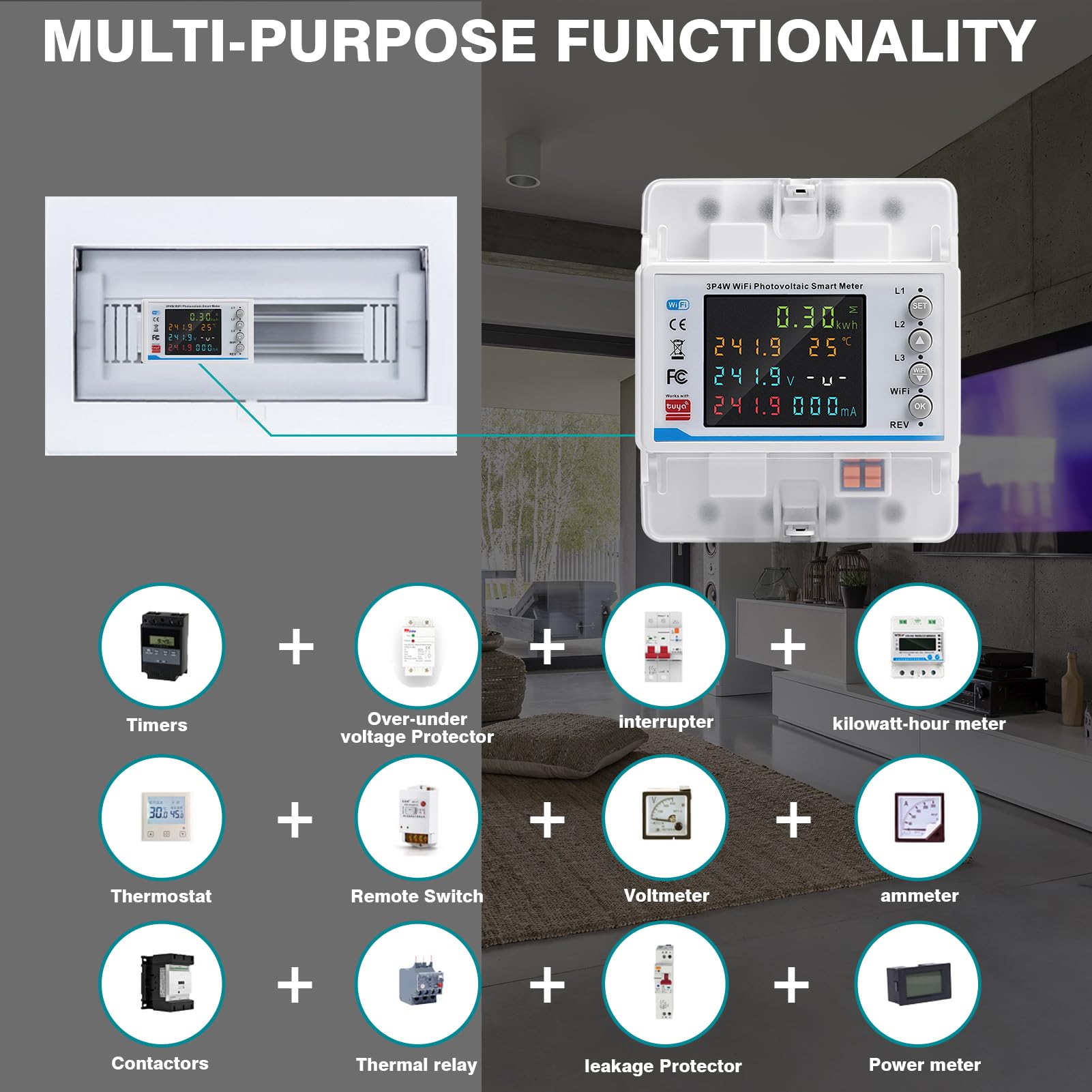 Licznik prądu 3-fazowego 100 A 380 V AC licznik prądu trójfazowego Smart Meter WLAN, licznik dwukierunkowy ze sterowaniem czasem/zbyt niskim napięciem/nadprądem/trójfazową niesymetrią / utratą fazy
