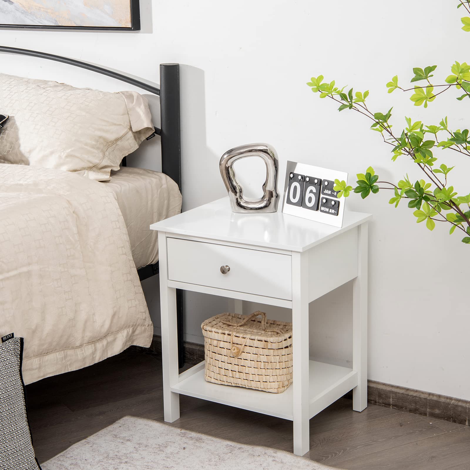KOMFOTTEU Comodino con cassetto, tavolino in legno, stile moderno, comodino a 2 livelli, con ripiano aperto, per camera da letto, soggiorno, 48 x 40 x 58 cm (bianco x 2)