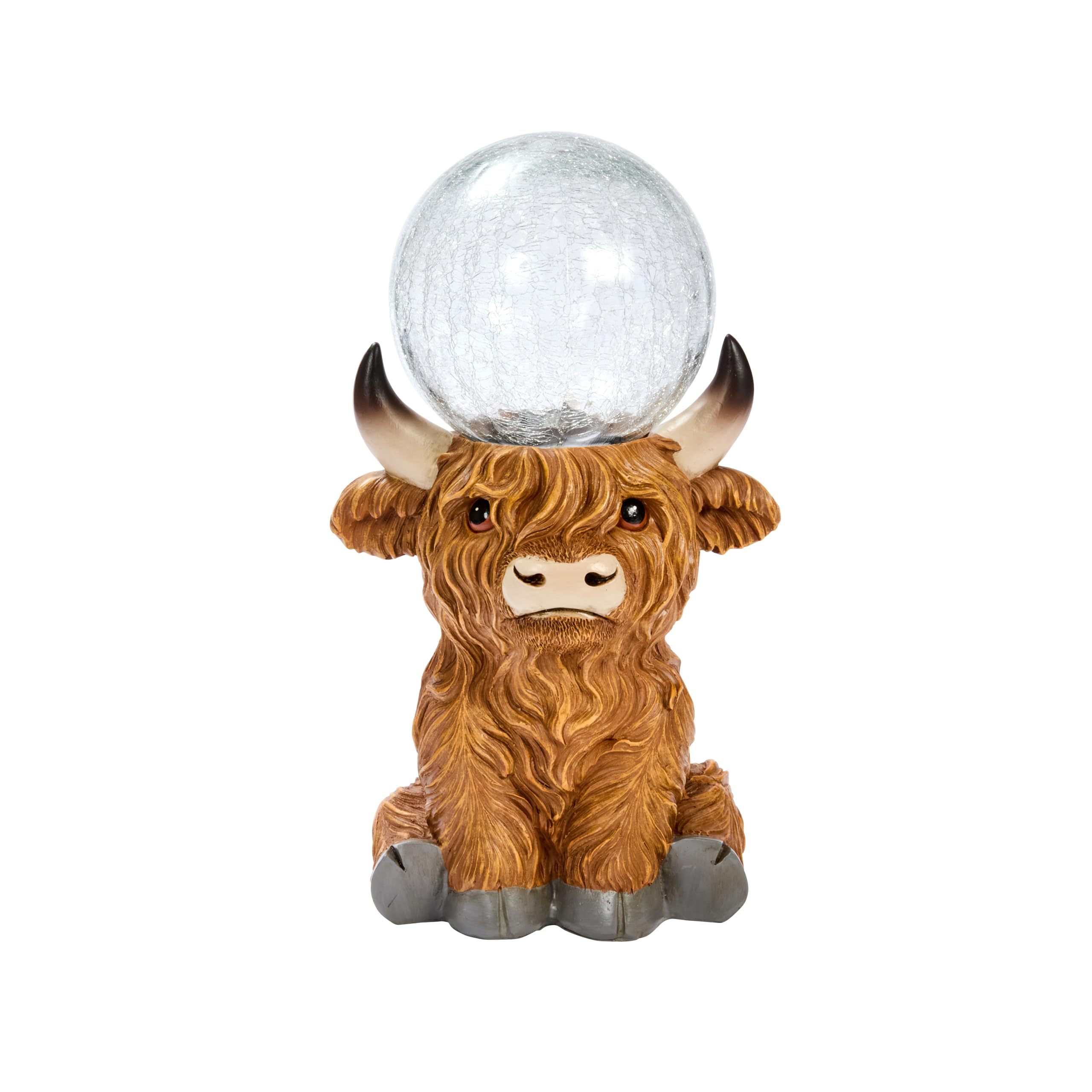 Highland Cow Solar Garden Ornament with LED Crackle Glass Ball, Color Changing, 36cm Height