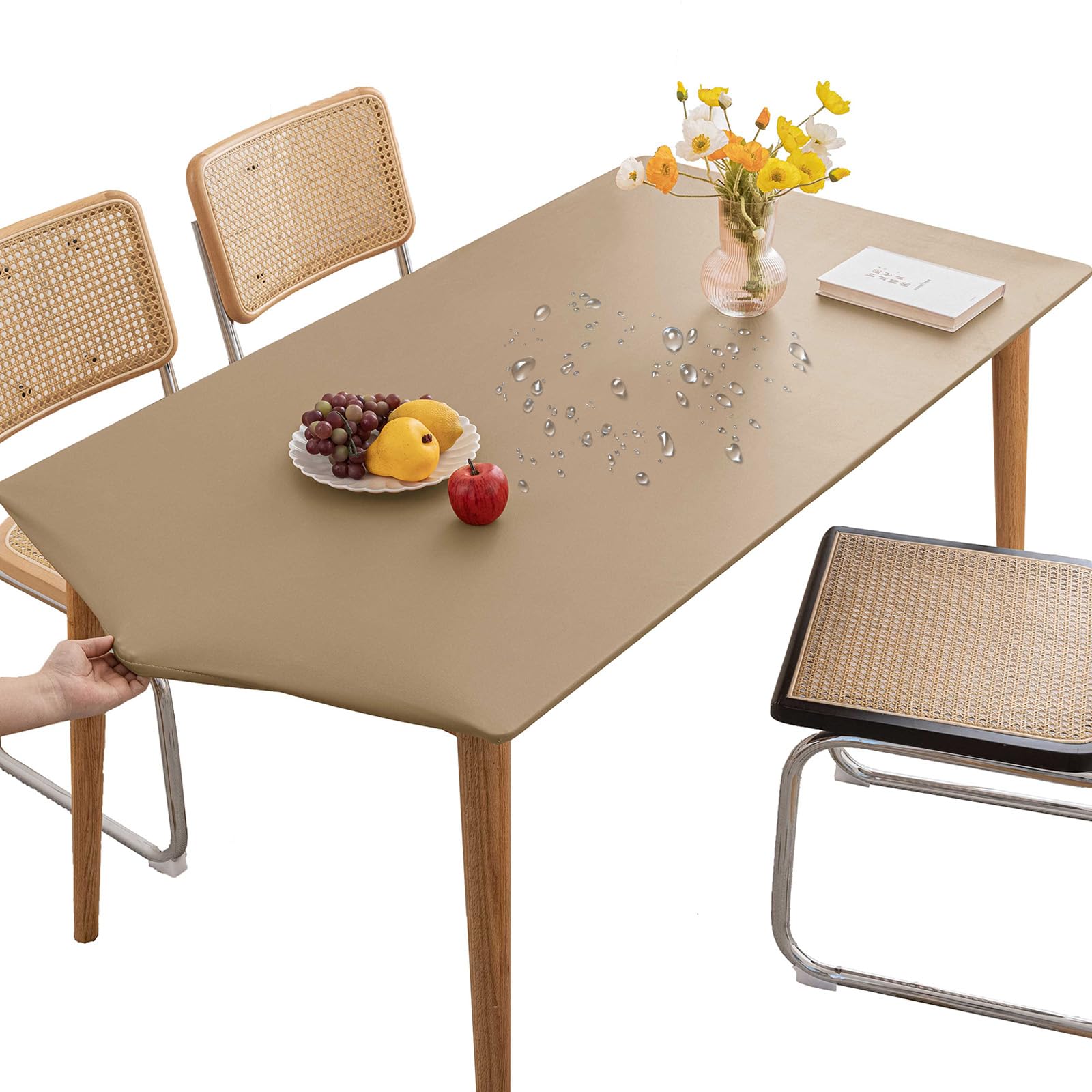 Thdsubb Tablecloth Leather Waterproof Tablecover Elastic Edged Fitted Table Protector Cover Wipeable for Home Picnic Party (Khaki,80x120cm)
