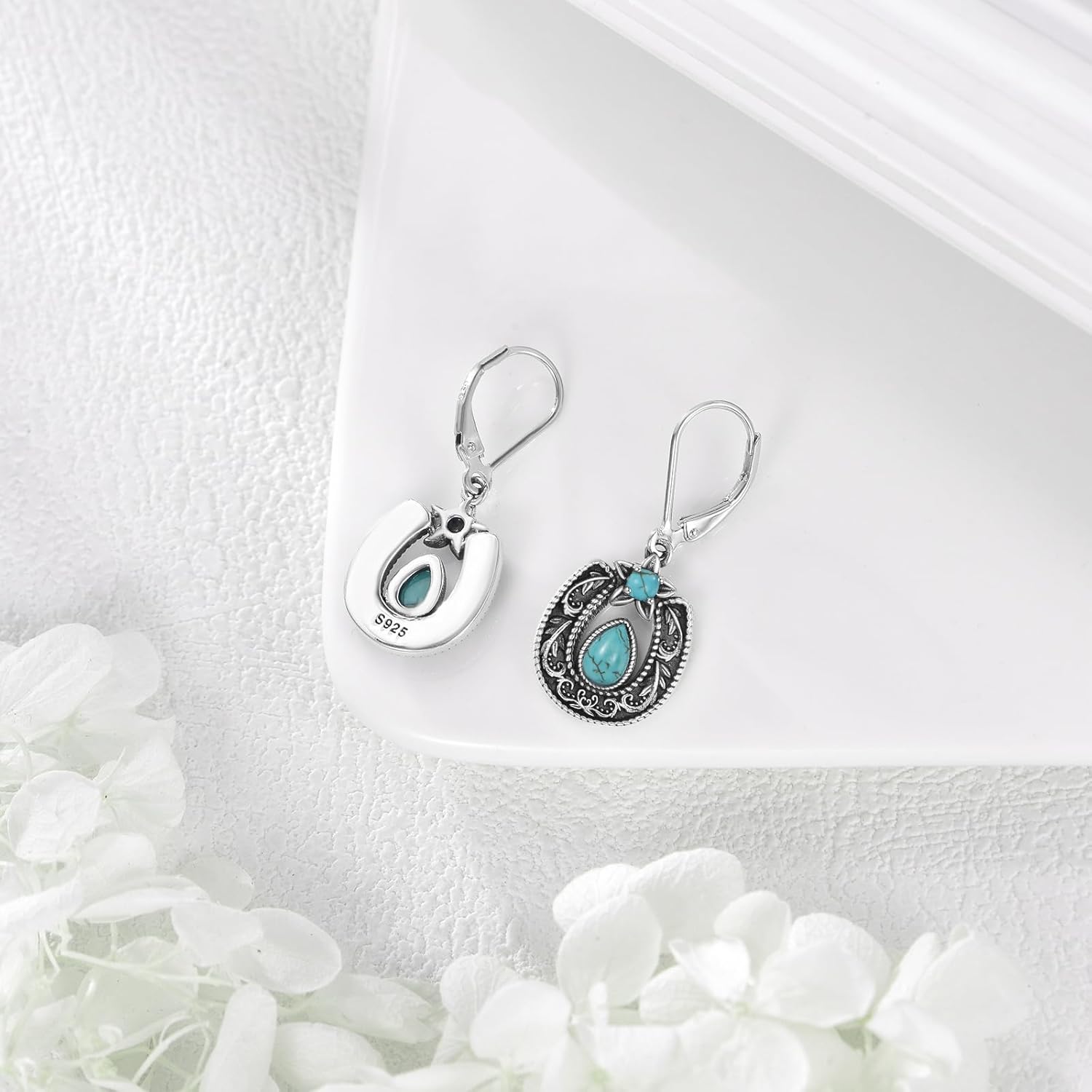 Western Horseshoe with Turquoise Dangle Earrings 925 Sterling Silver Retro Pear Cut Natural Green Turquoise Horseshoe Earrings for Women - Image 2