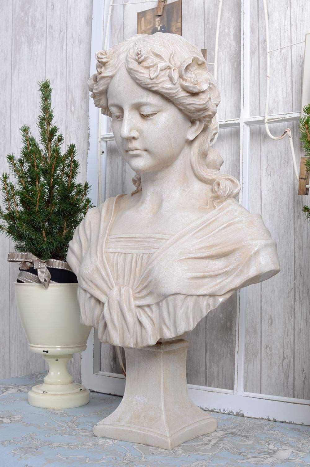 PALAZZO INT JUGENDSTIL BÜSTE „Madame Camille“ – Romantische Mädchenfigur im Shabby Chic Antik Look Polystein Skulptur 58 cm Französischer Stil Jugendstil Statue Deko für Haus Wintergarten & Garten