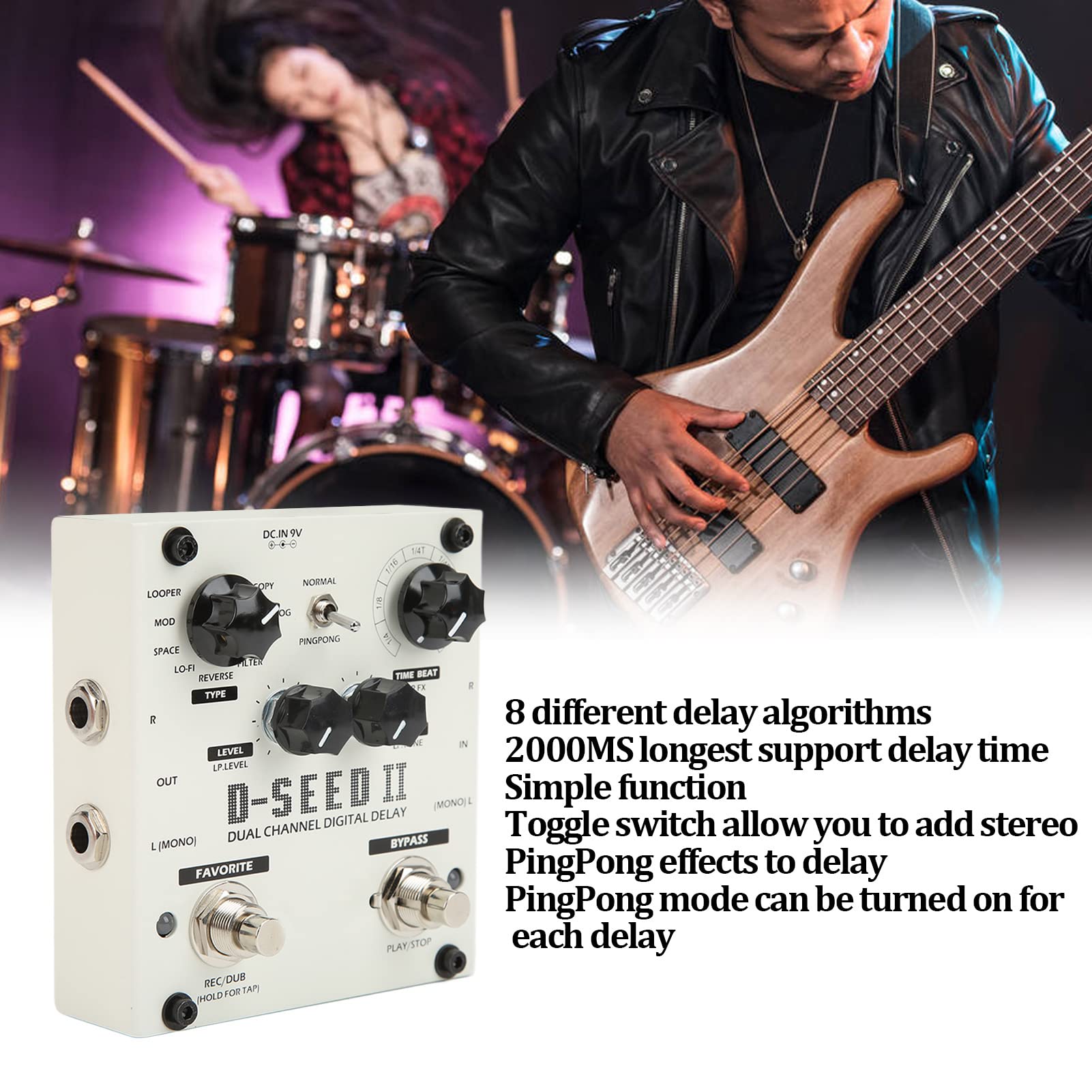 Pedal de Efectos de Guitarra, Pedal de Retardo de Guitarra Digital Estéreo de 2 Canales con 8 Modos de Efectos de Retardo Y Función Looper, para Guitarra Eléctrica, Bajo, Guitarra Eléctrica