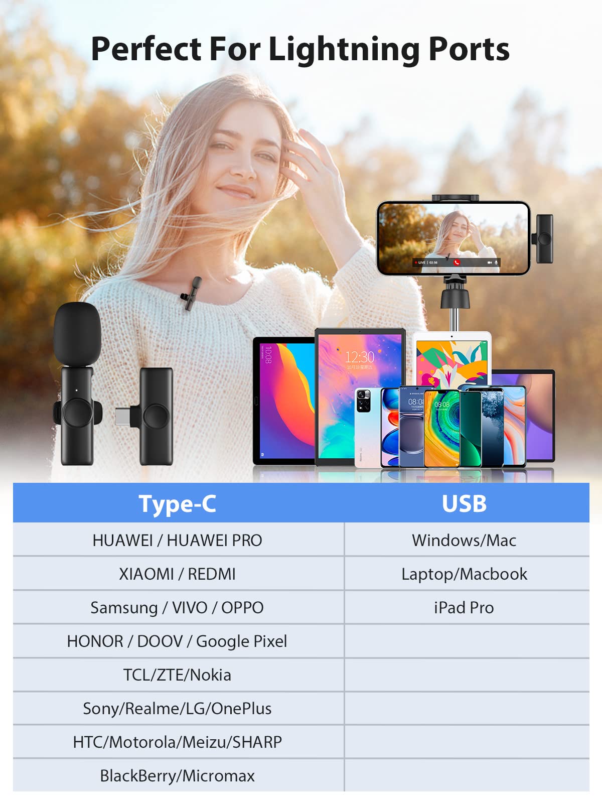 Bezprzewodowy mikrofon krawat, Gimpro MS1 (C) 2,4 GHz【TYP C-USB】Mikrofon krawat do telefonu komórkowego Wtyczka i odtwarzanie do telefonu Andriod Vlog Wywiad na żywo Tiktok Youtube, mikro krawat bez