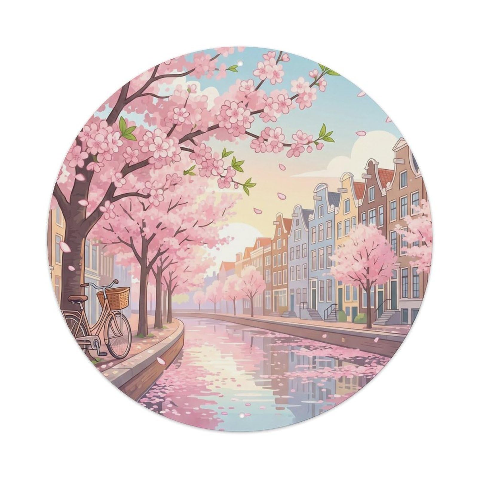 Amsterdam Spring Blossoms Historic Tourism Classic Destination Metal Tin Sign Plaque Wall Decor for Cafe, Man Cave, Club Bar, Office, Home Garden Round Metal Poster 8x8Inch