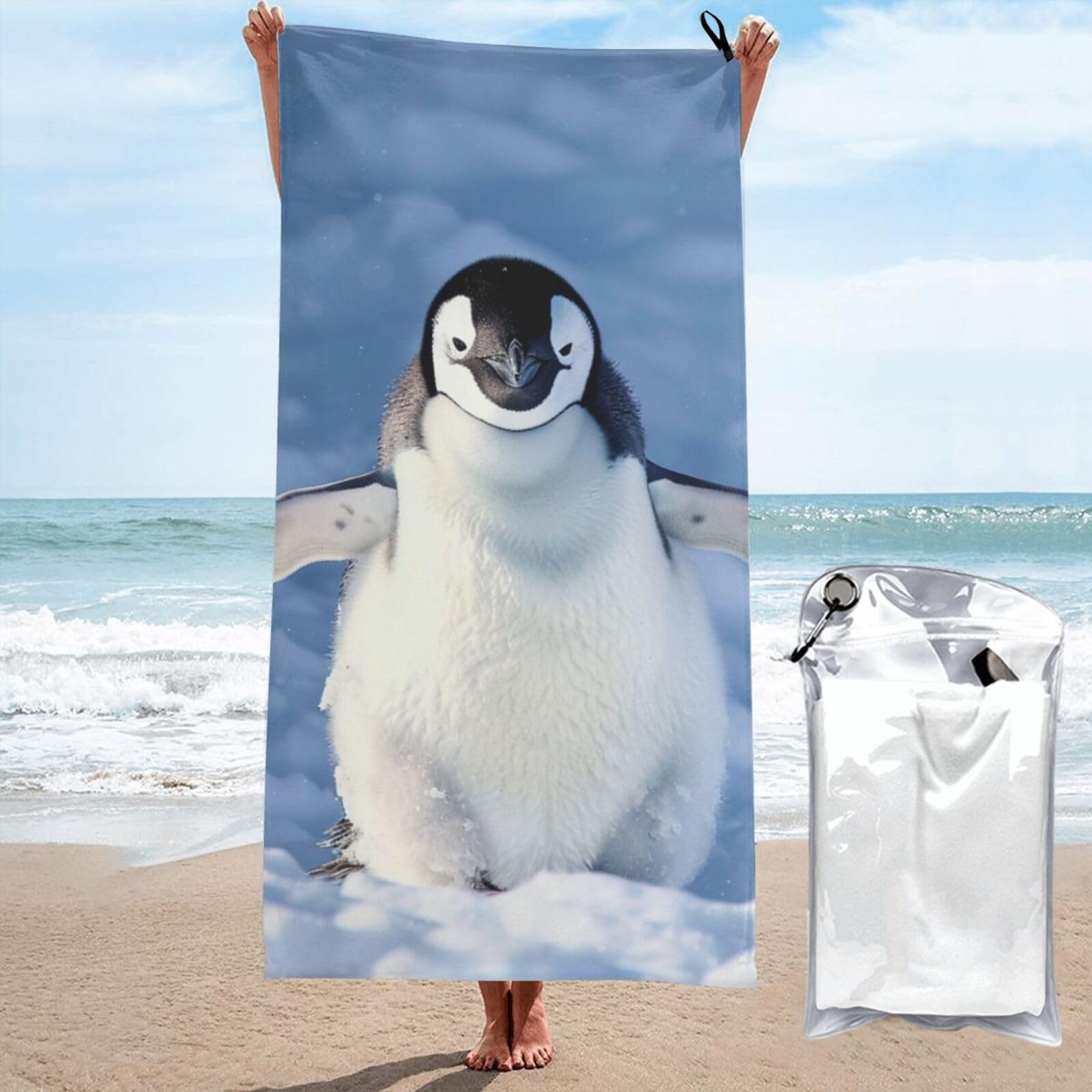 kkvhhyuo Microfiber Beach Towel, Cute Penguin Printed Lightweight Quick Dry Travel Bath Sheet with Compact Carry Bag for Swimming Yoga Camping Gym,31.5"x63"
