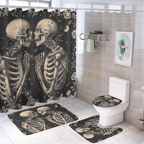 Juego de 4 cortinas de ducha con diseño de esqueleto gótico, diseño de calavera floral de estrella nocturna con tapa de inodoro, tapete en forma de