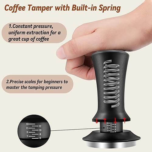 Miniatura 5 de Tamper para café espresso 51mm con herramienta WDT calibrado con resorte, prensa de café con alfombrilla de silicona, tamper de acero inoxidable