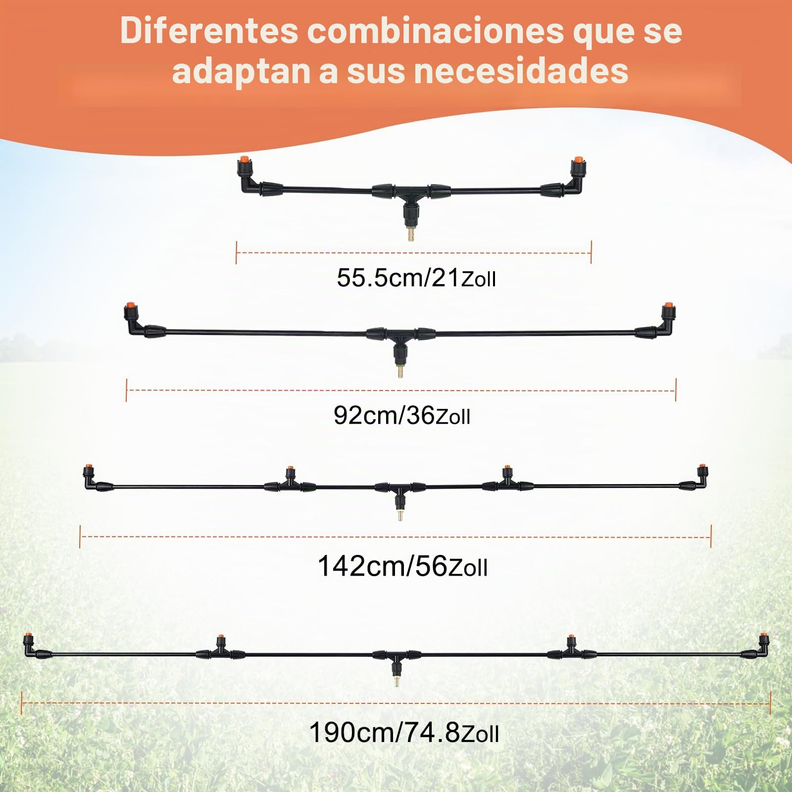 Barra de pulverización de poli 4 boquillas con conexión de latón de 1/4", barra de pulverización equipada con dos tipos de boquillas, longitud DIY de hasta 74,8" (1,9 m) para riego de tractor en