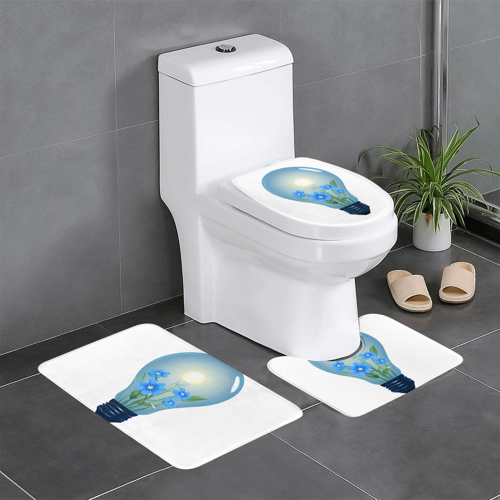 Tapis de bain antidérapants lot de 3 aux motifs de fleurs bleues pour toilette
