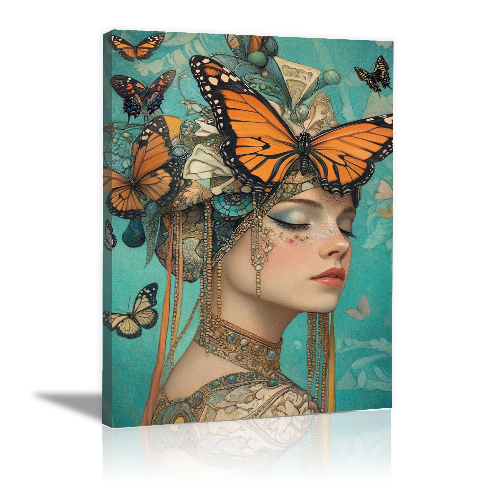 TERUEA Funny Bathroom Wall Art Print Woman with Butterflies Portrait Vintage Humor Wall Art Poster for Bathroom Toilet Decor(Turquoise)-70x100cm Framed