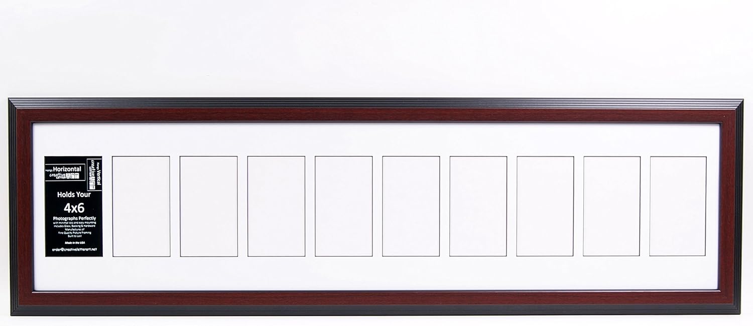 Creative Letter Art [10x40 10 Opening Glass Face Mahogany Picture Frame to hold 4 by 6 Photographs including 10 by 40 inch White Mat Collage