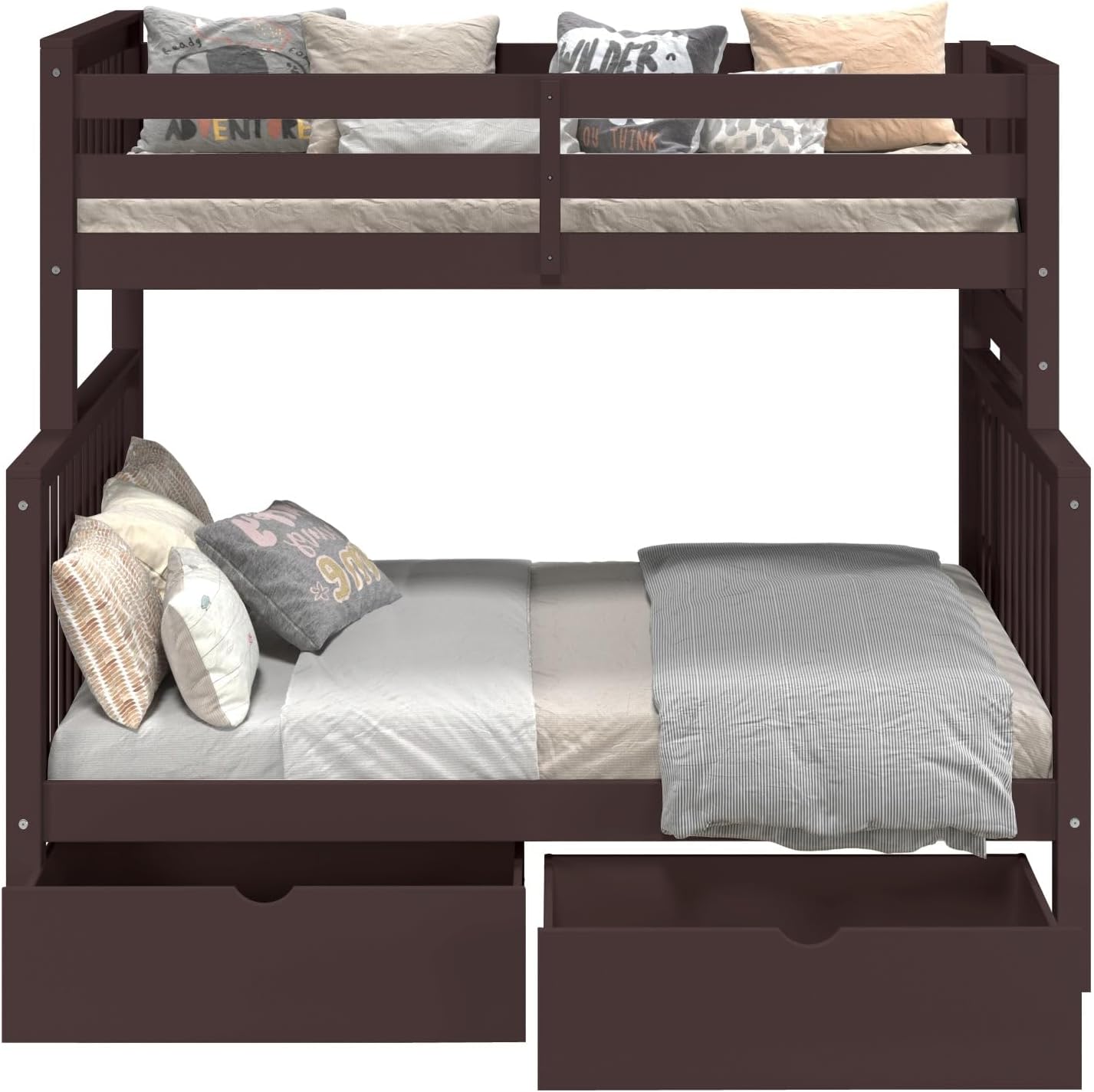 Bedz King Bunk Beds Twin Over Full Mission Style, End Ladder, 2 Storage Drawers, Dark Cherry