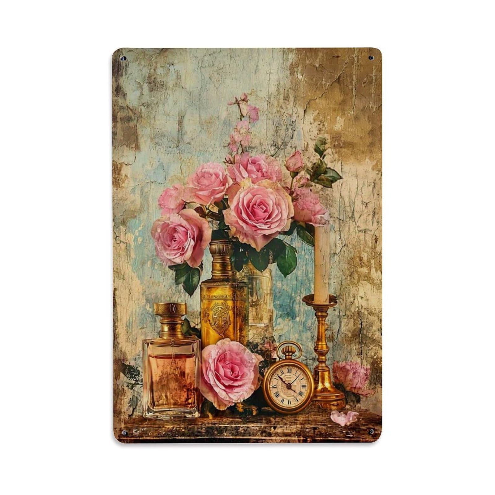 Jdfenggu Vintage Roses Perfume Clock Candle Retro Metal Tin Sign, Decor Art Poster For Bar, Home, Man Cave, Kitchen, Laundry Room Gift 8X12inch