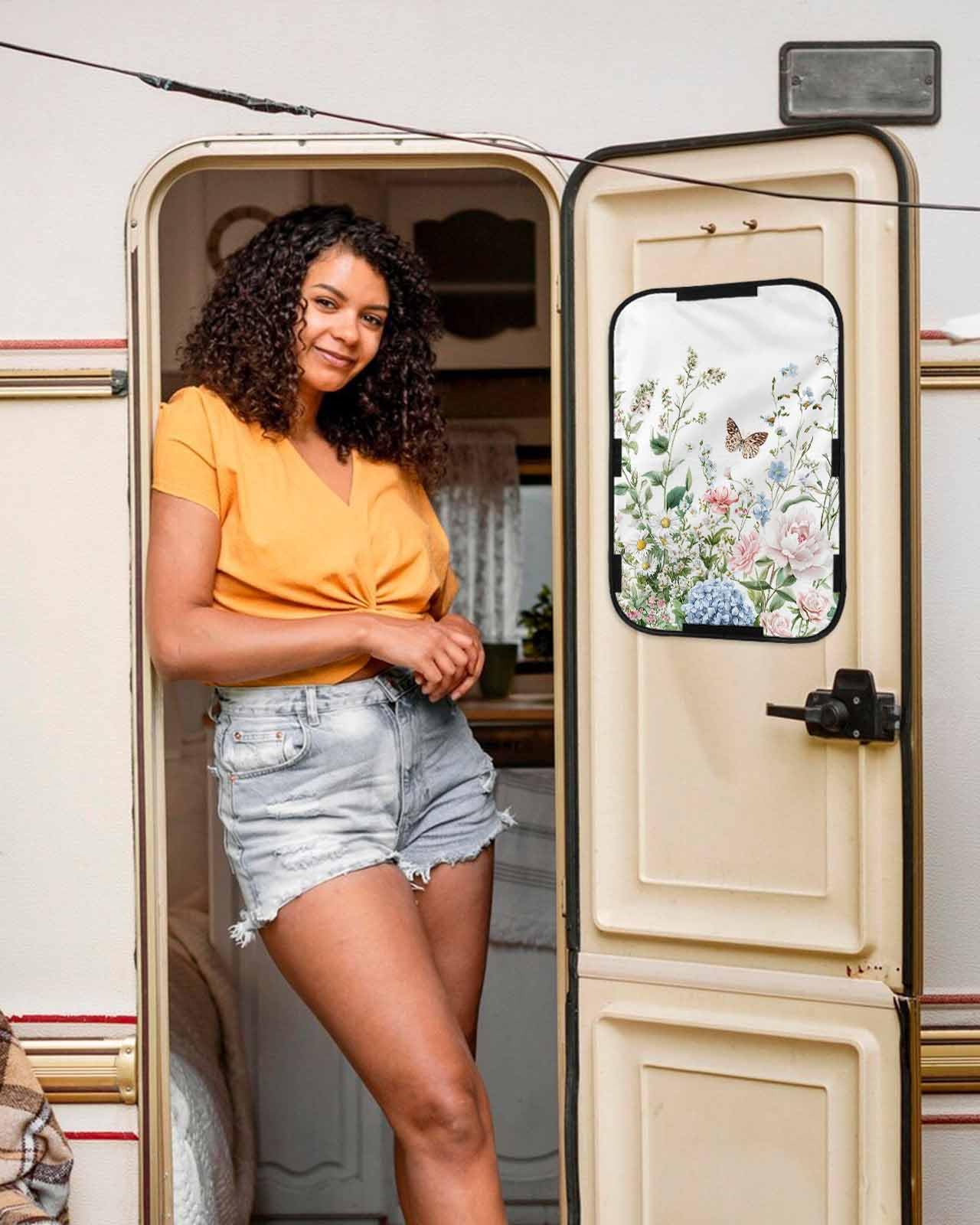 LEOKOTI RV Door Window Shade, Spring Floral Blackout RV Window Shades Foldable, Pastoral Flower Summer Botanical Watercolor Privacy Insulation Car Covers for Camper 16